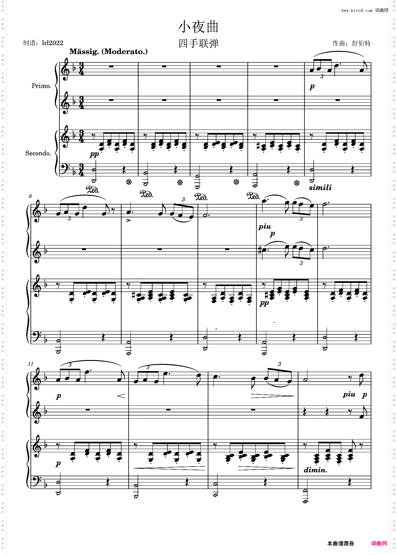 舒伯特-小夜曲-四手联弹-钢琴谱-Schubert-Op·90-No·11