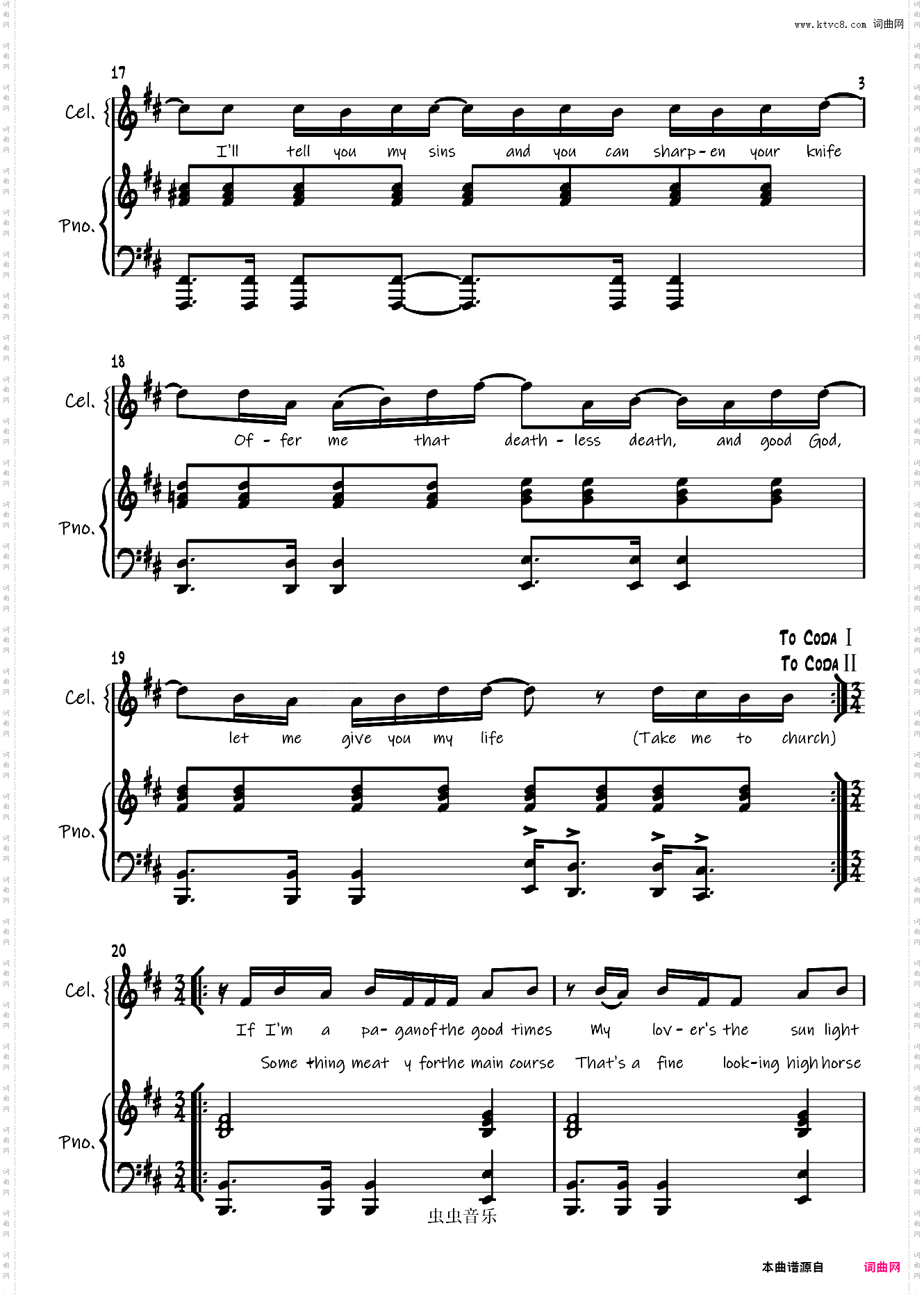 【降调版弹唱谱】Take Me to Church-Hozier「一撇撇耶」