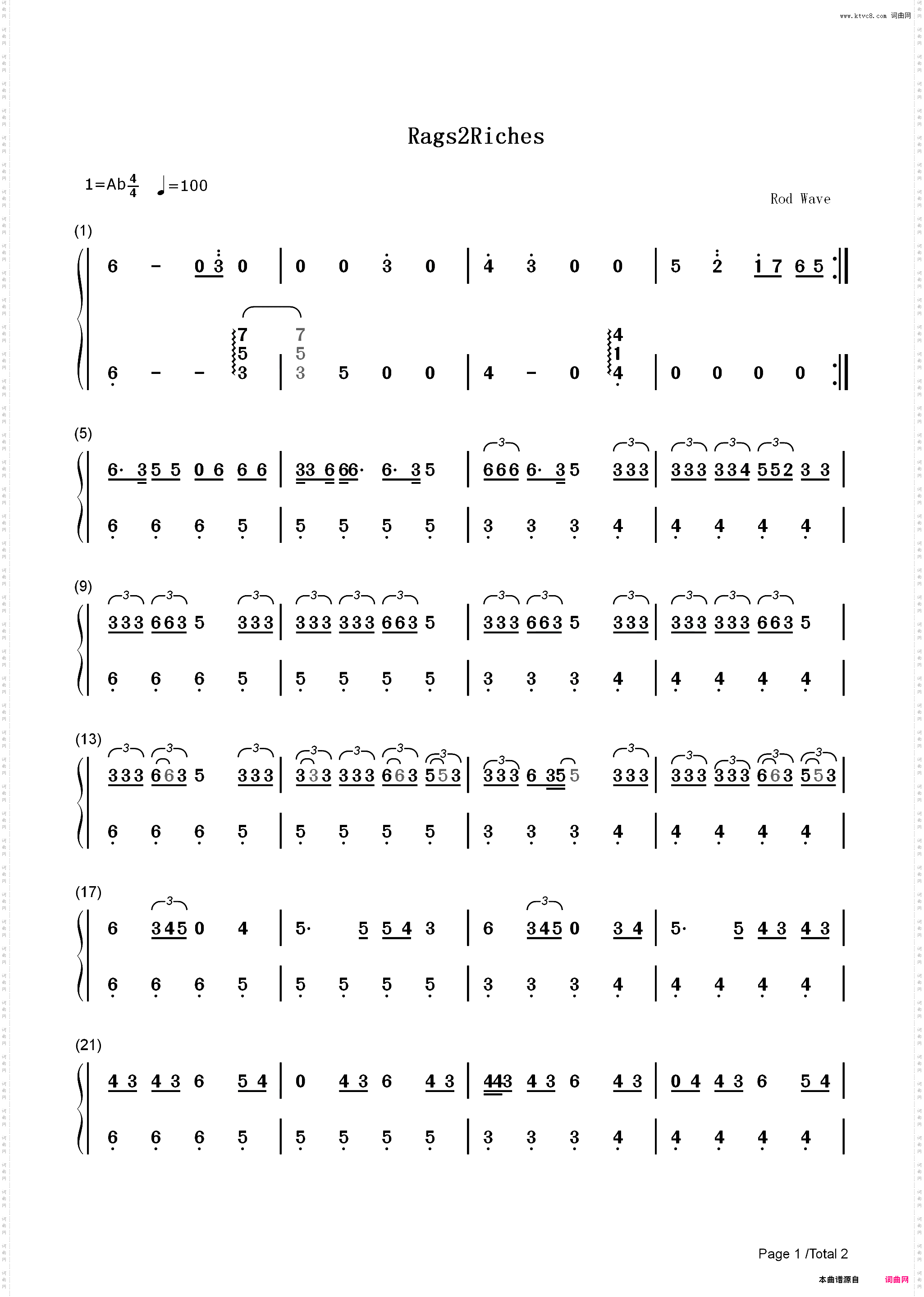 Rags2Riches-Rod Wave ft ATR SonSon_简谱版