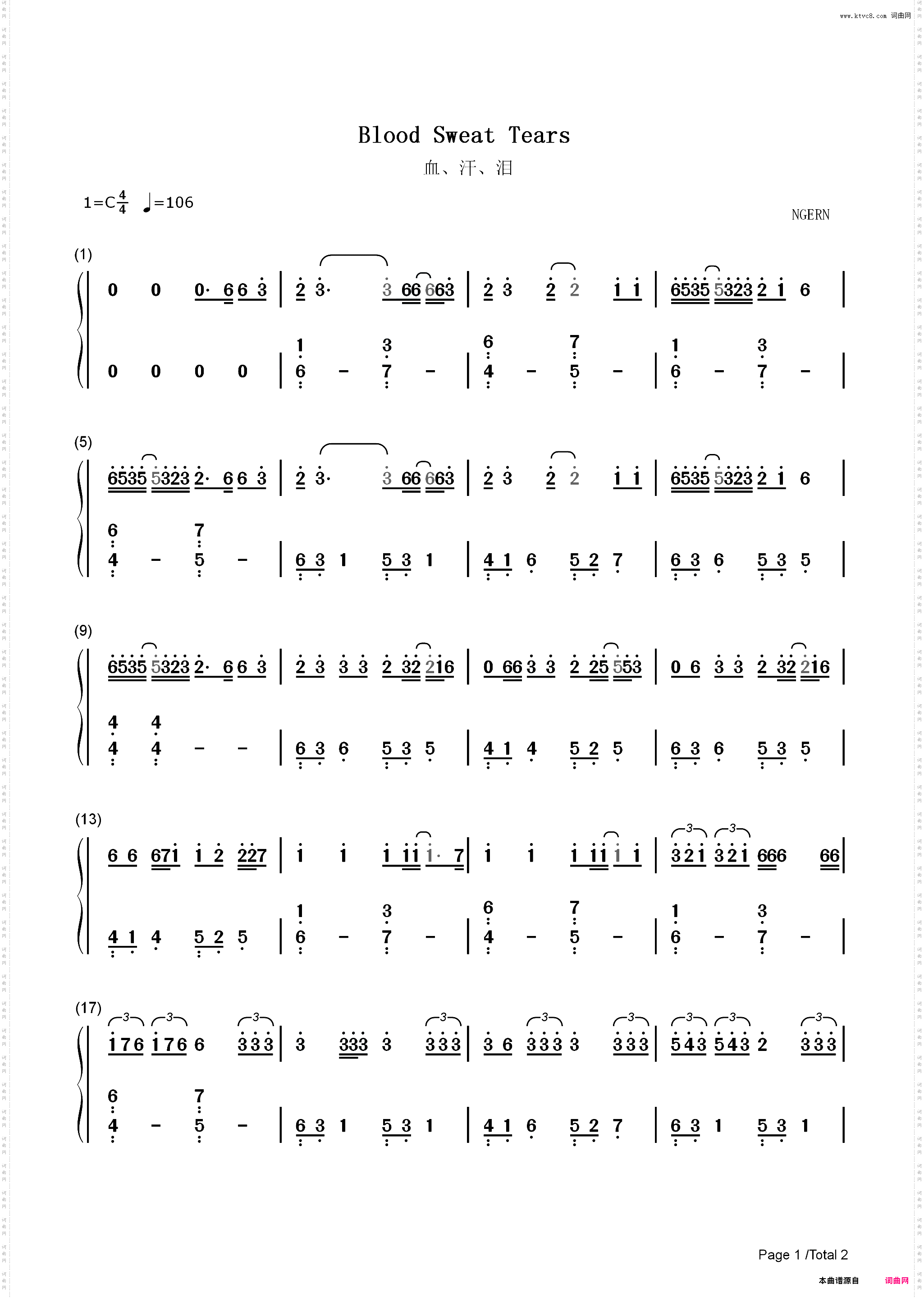 血汗泪-Blood Sweat Tears-C调简单版_简谱版