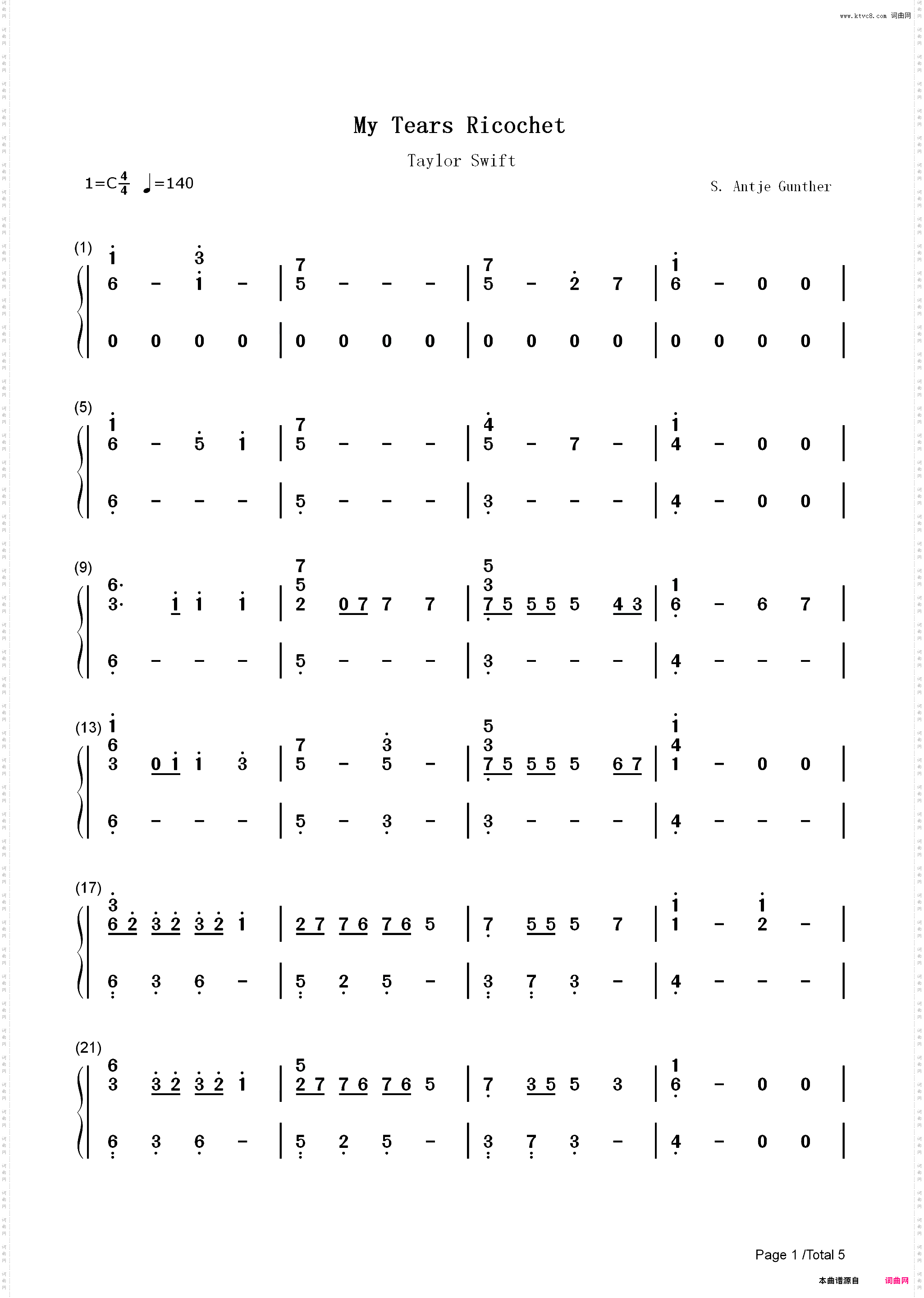 My Tears Ricochet-Taylor Swift_简谱版