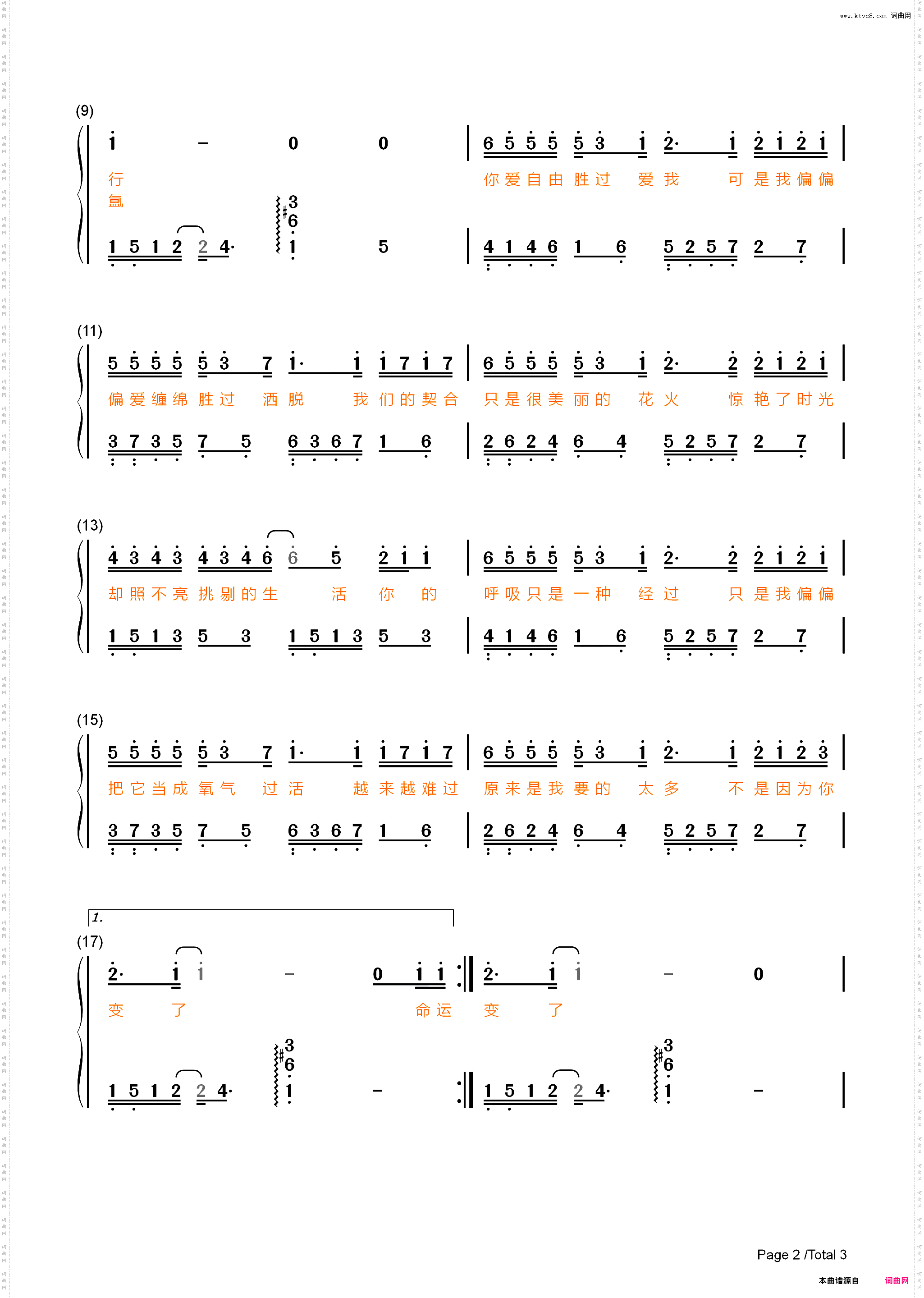 过活-你爱自由胜过爱我-抖音热歌_简谱版