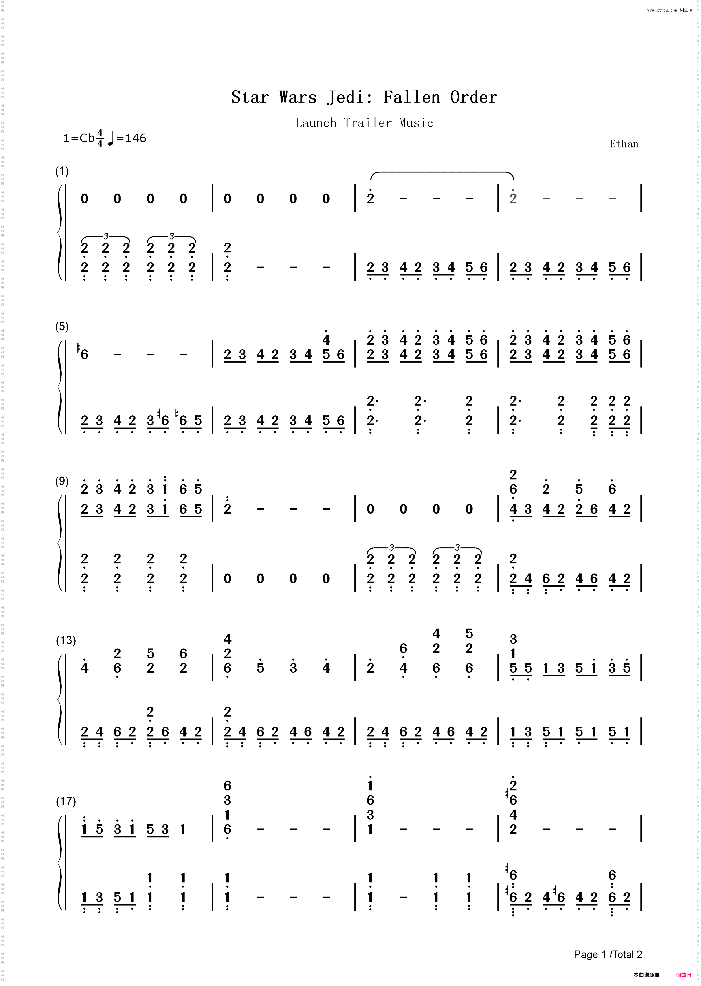 星球大战绝地陨落的武士团-预告音乐_简谱版