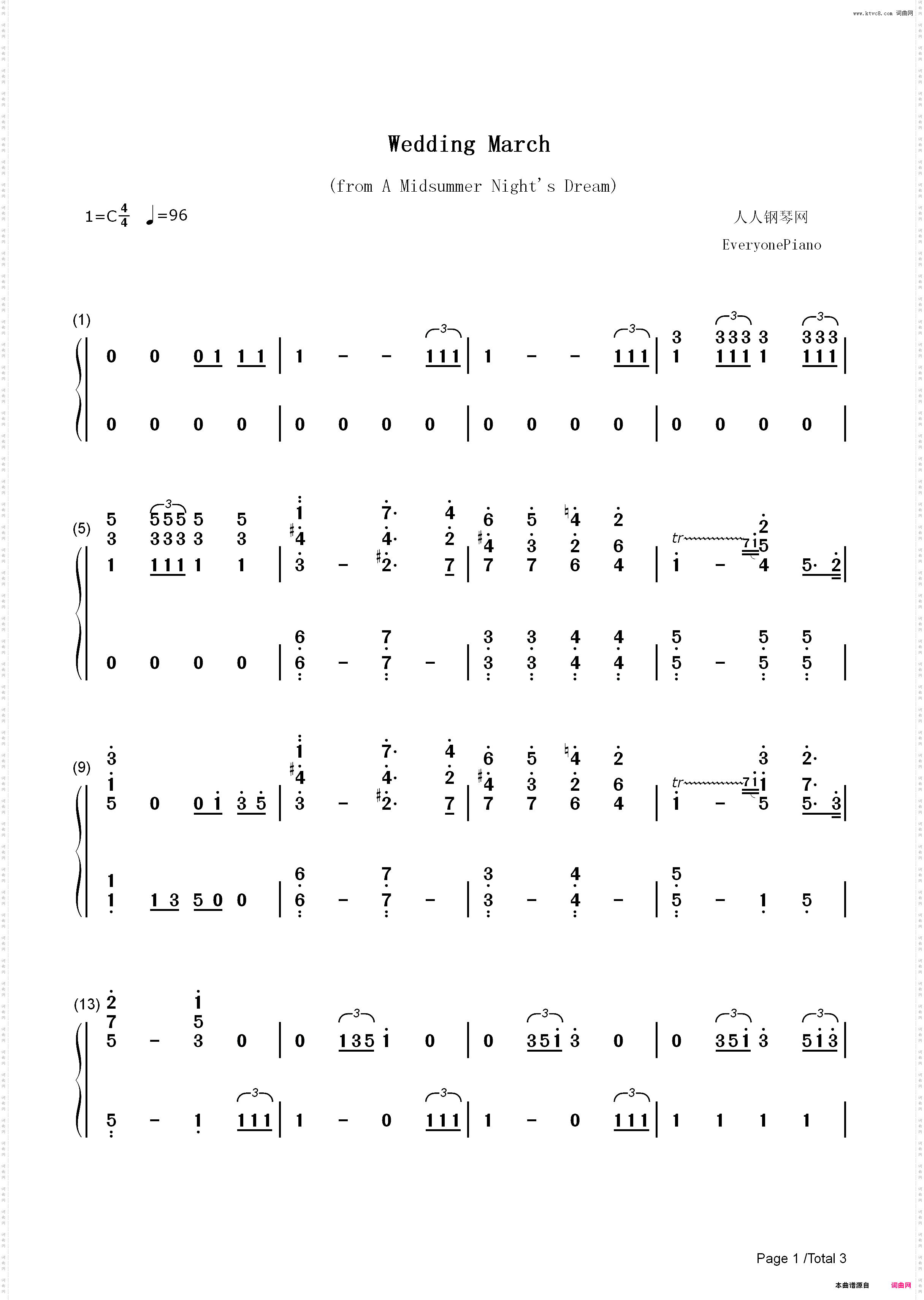 Wedding March-婚礼进行曲-仲夏夜之梦第五幕前奏曲_简谱版