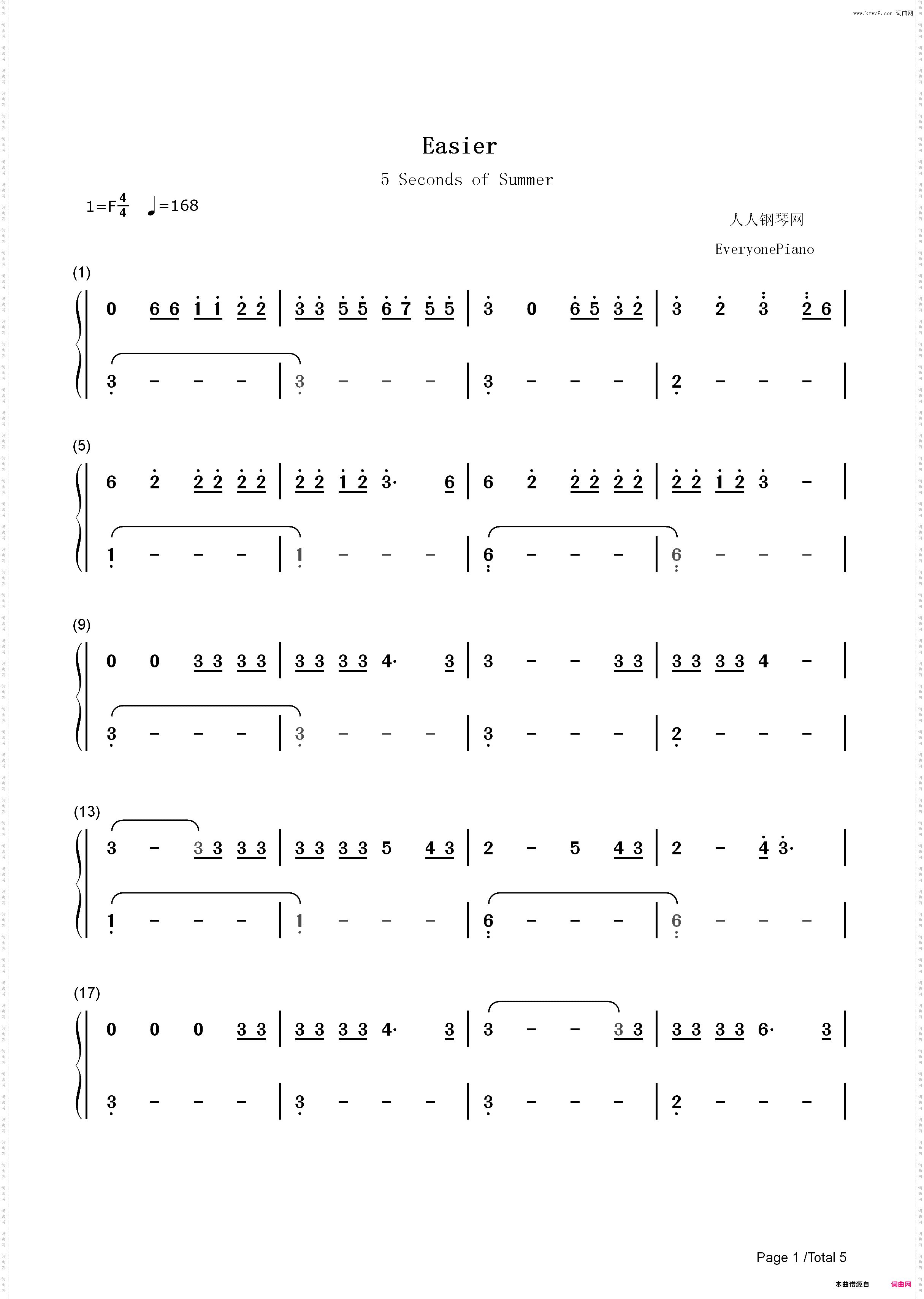 Easier-5 Seconds of Summer_简谱版