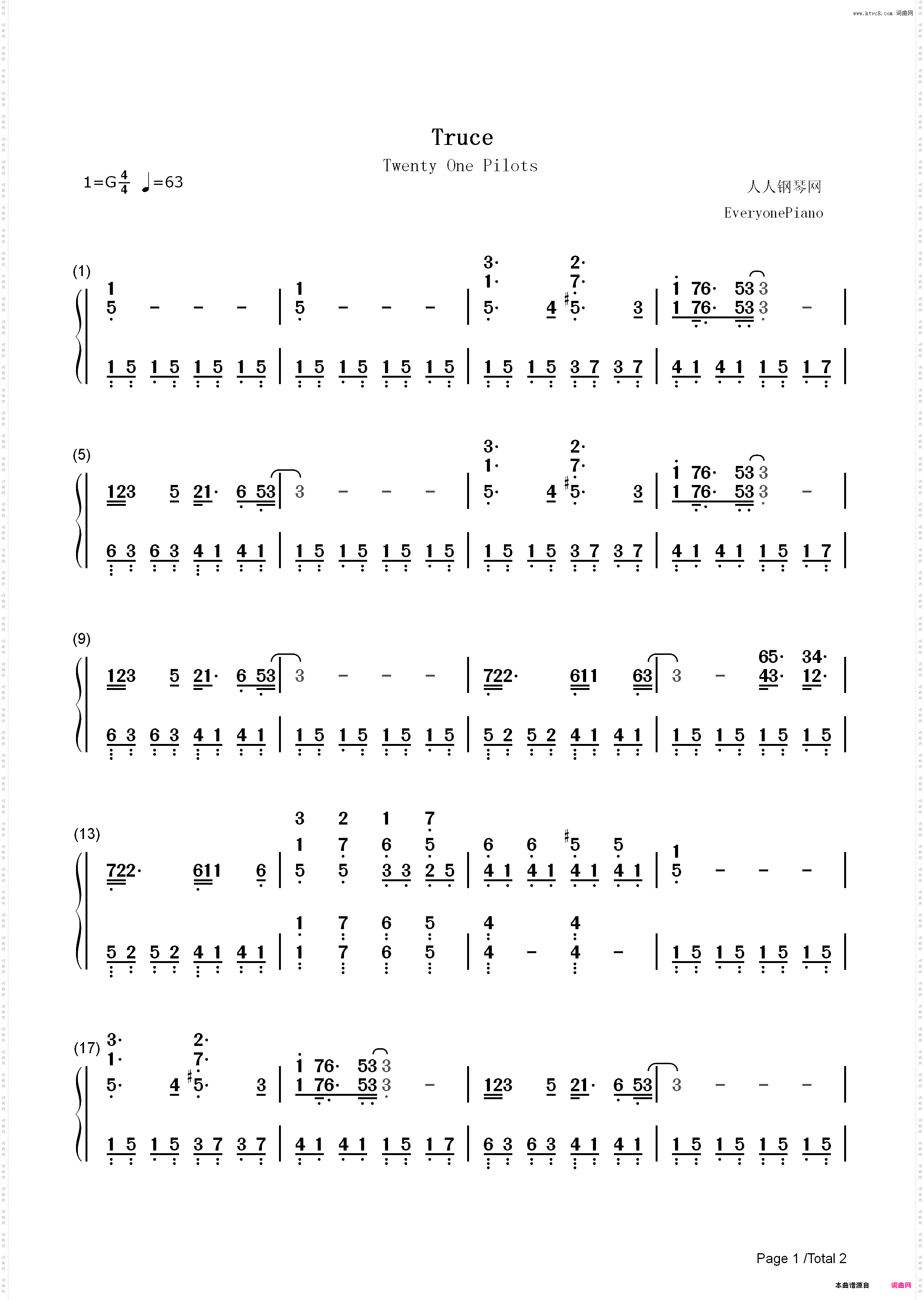 Truce-Twenty One Pilots_简谱版