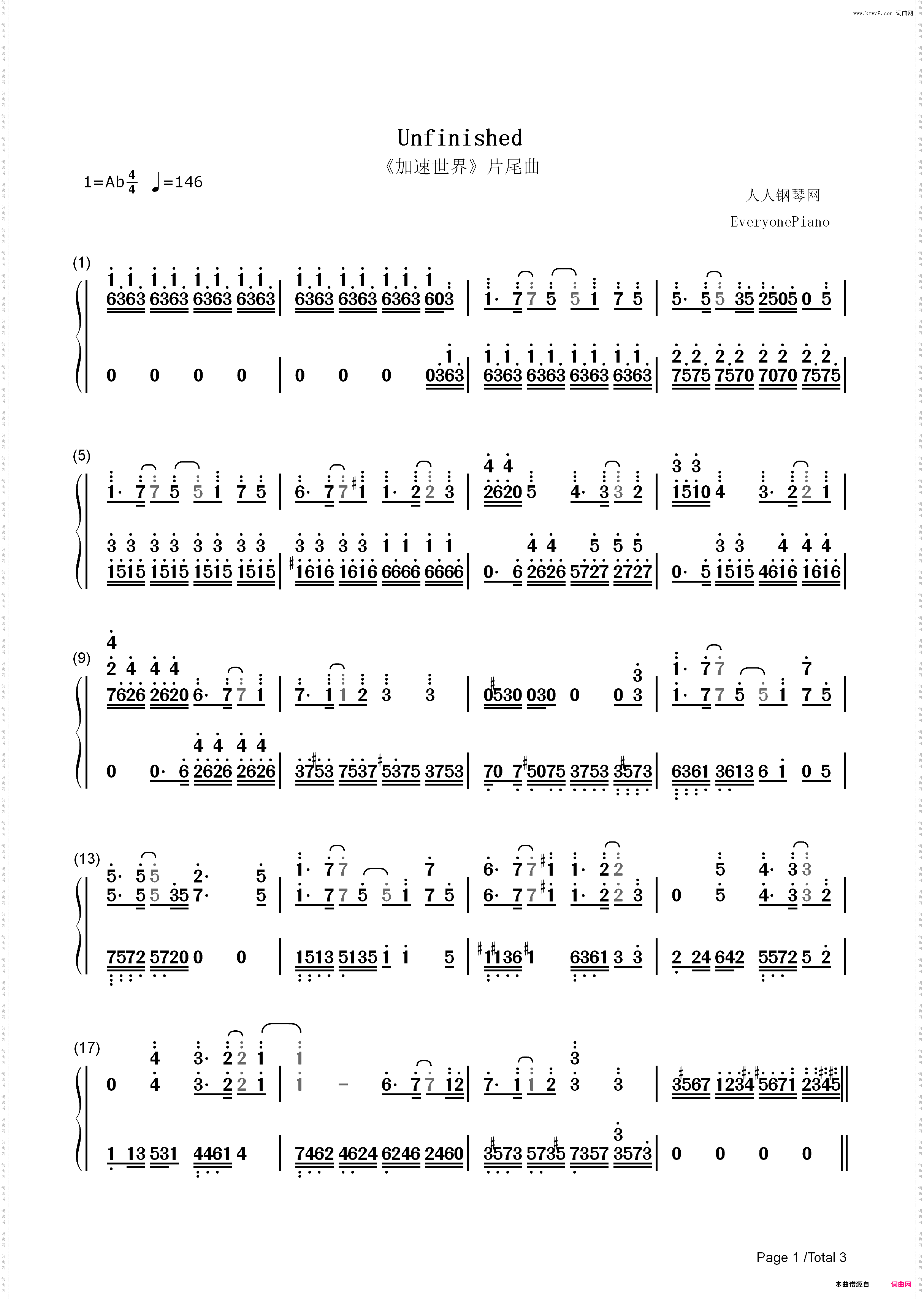 Unfinished-加速世界ED_简谱版