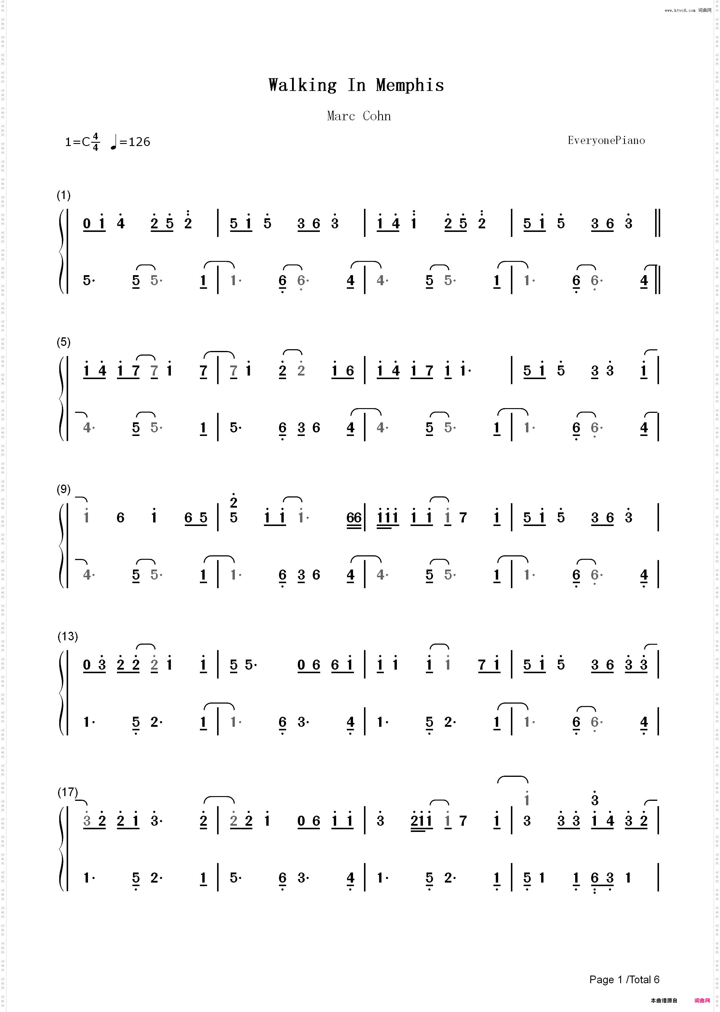 Walking in Memphis-Marc Cohn_简谱版