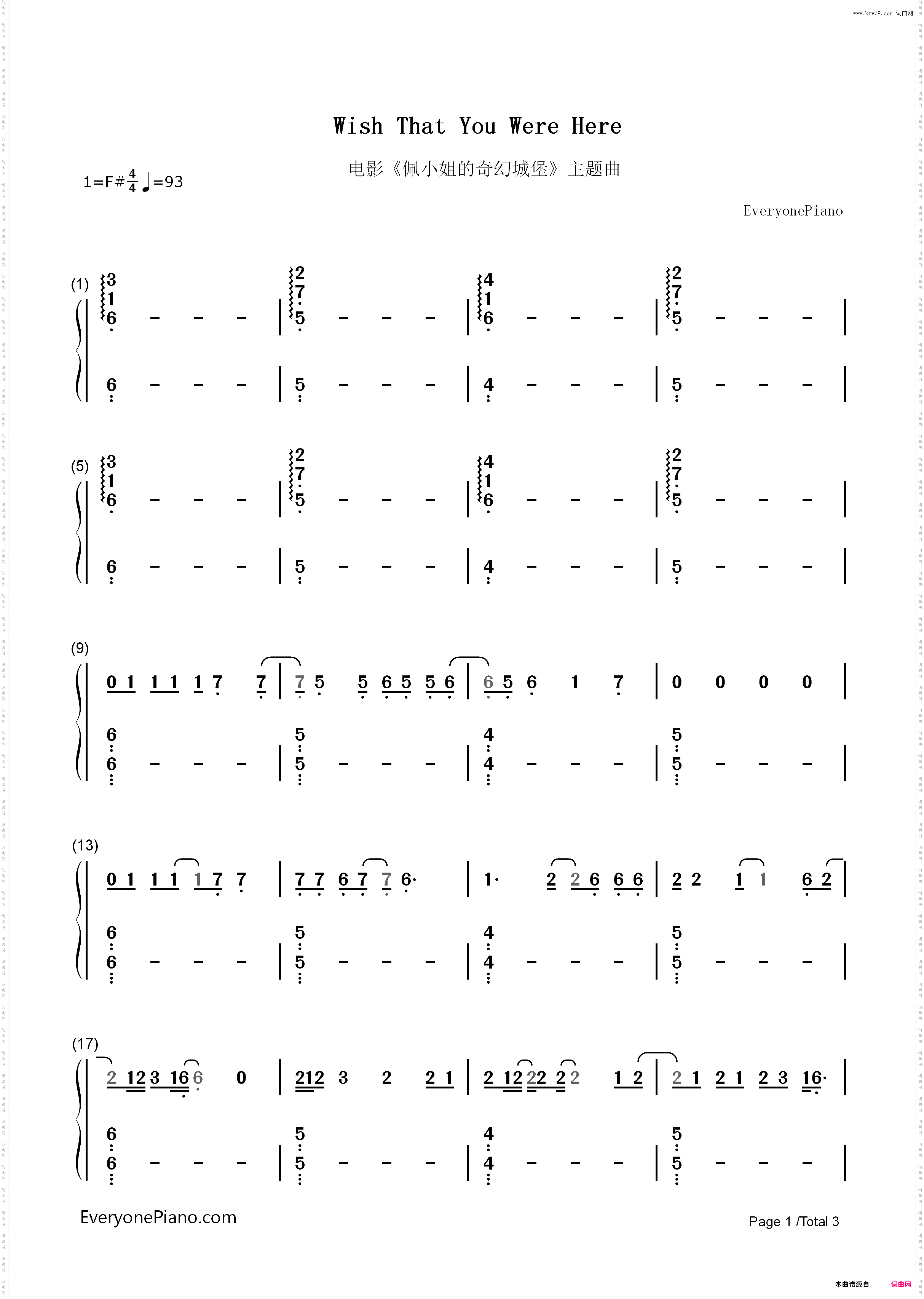 Wish That You Were Here-电影《佩小姐的奇幻城堡》主题曲_简谱版