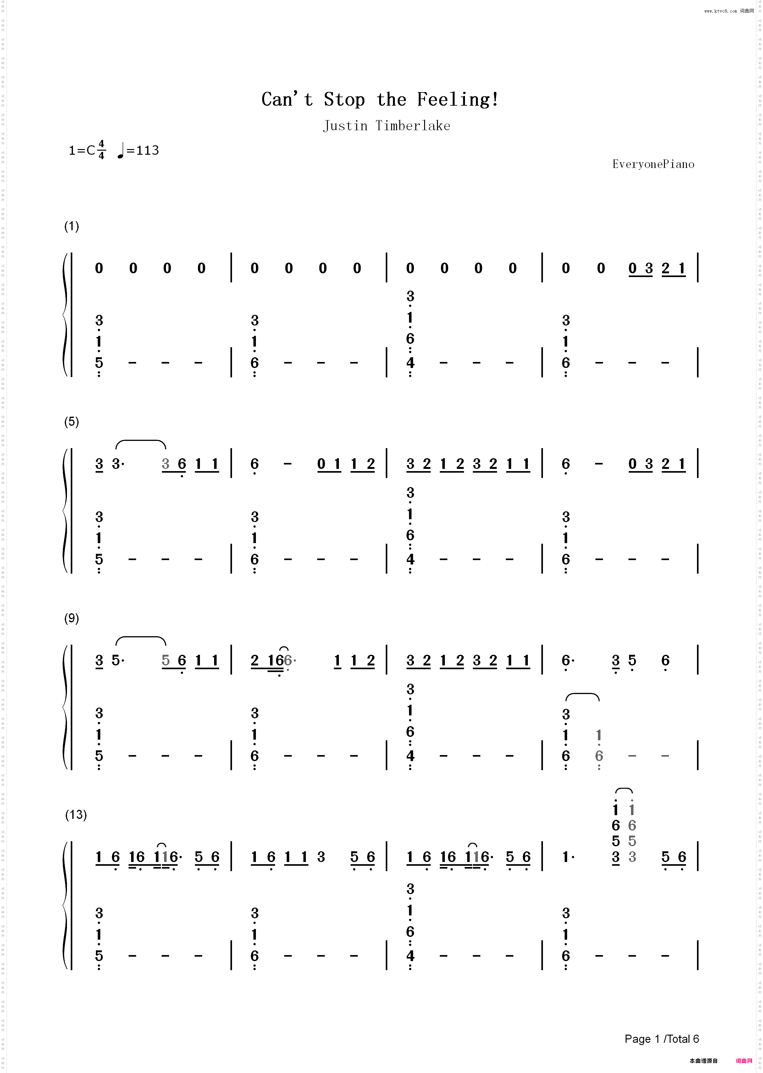Cant Stop the Feeling-Justin Timberlake_简谱版