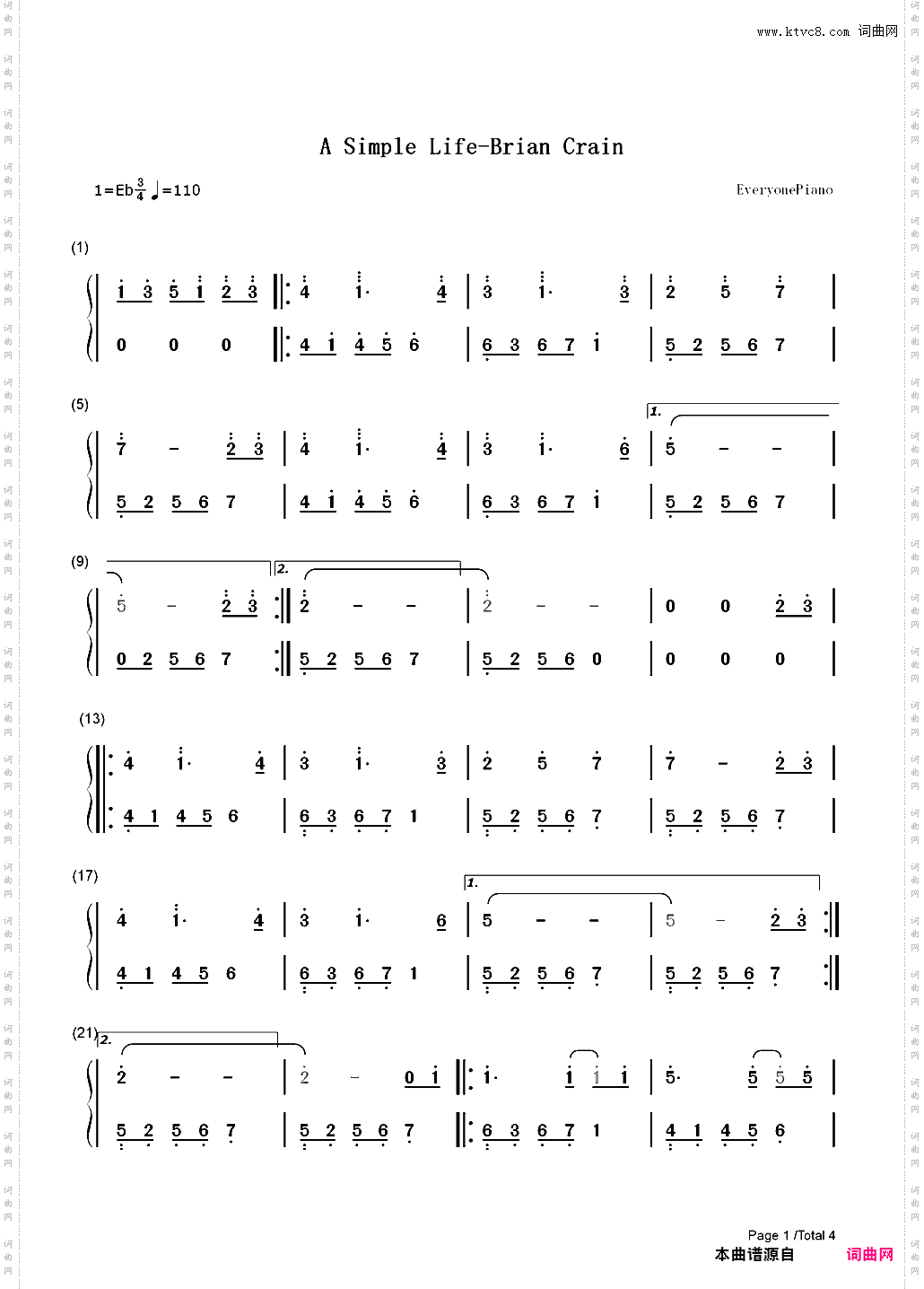 A Simple Life-Brian Crain-唯美小清新治愈系_简谱版