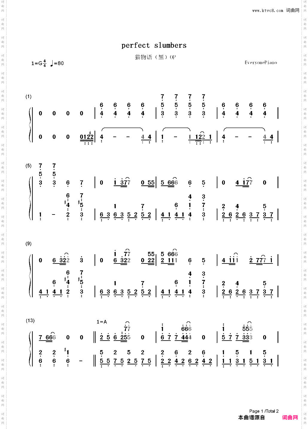Perfect slumbers-猫物语 黑OP_简谱版