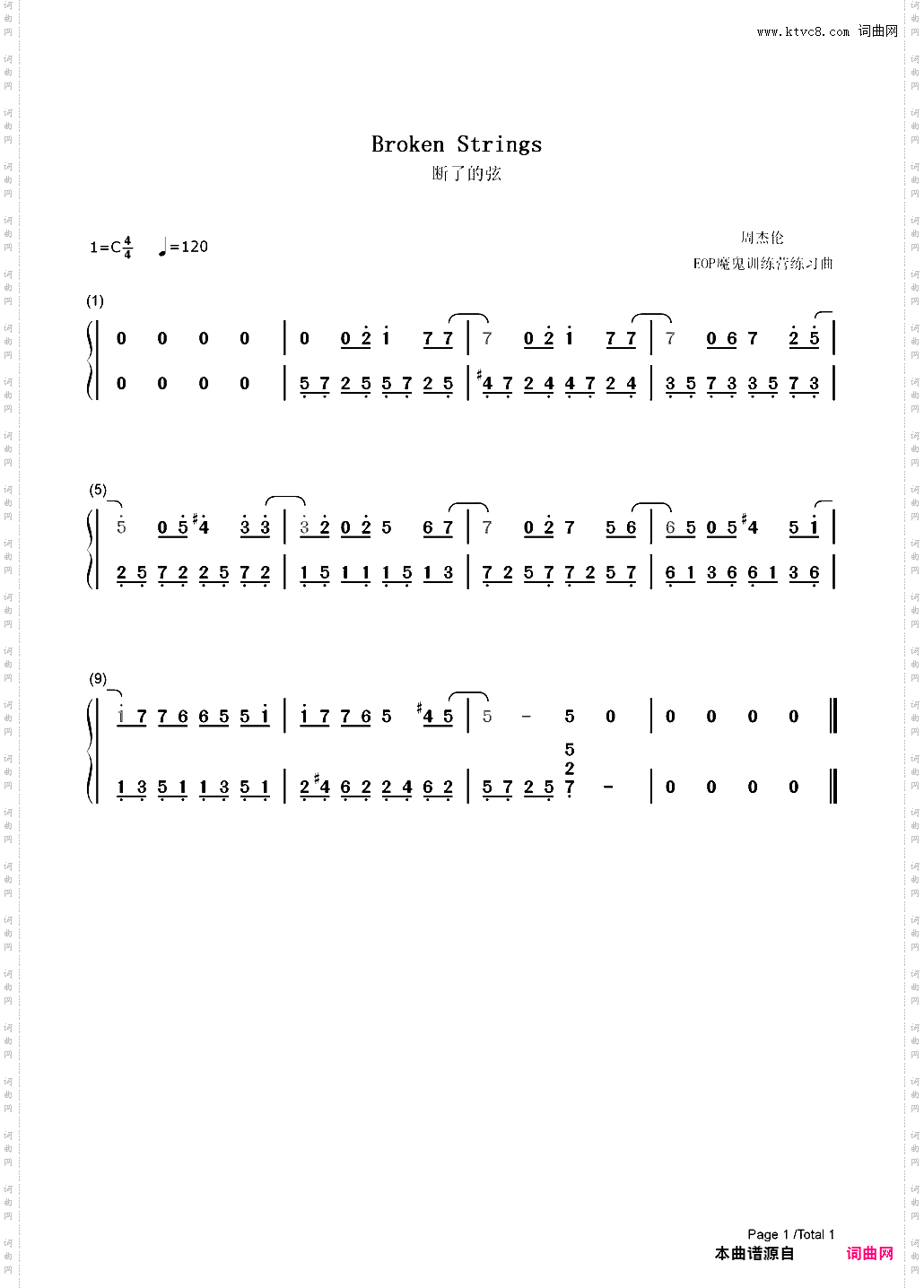 断了的弦超简单版-周杰伦_简谱版
