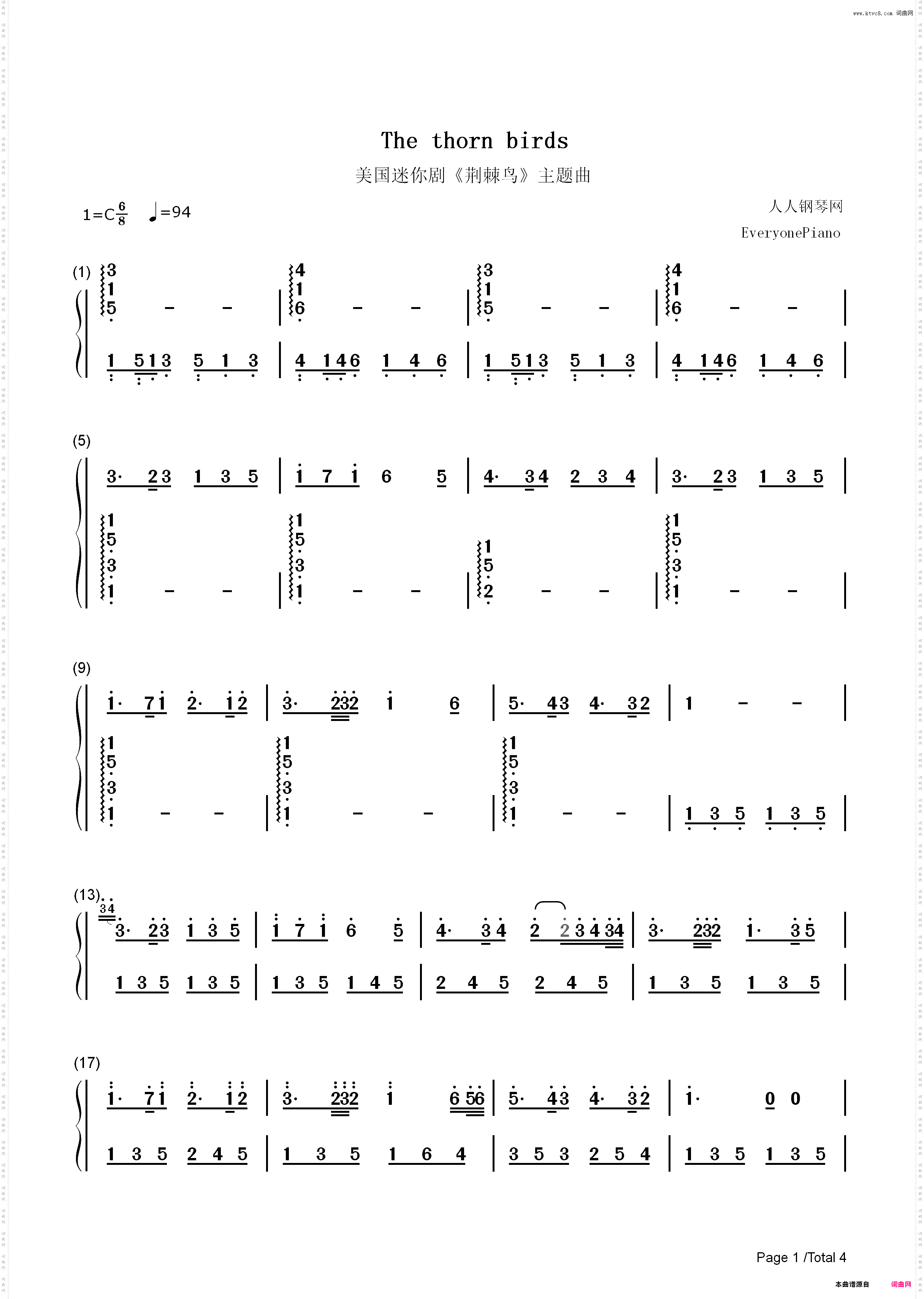 荆棘鸟主题曲-The Thorn Birds_简谱版