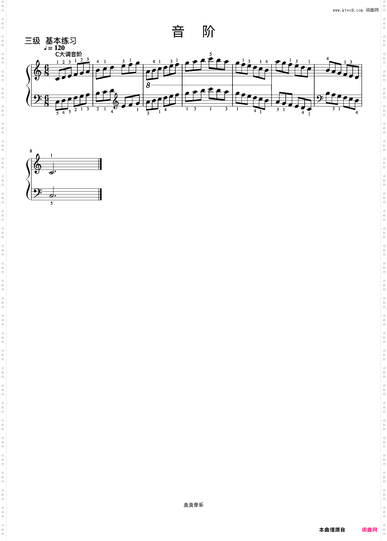 3级 C大调音阶《中央院钢琴考级曲目 1-6级》