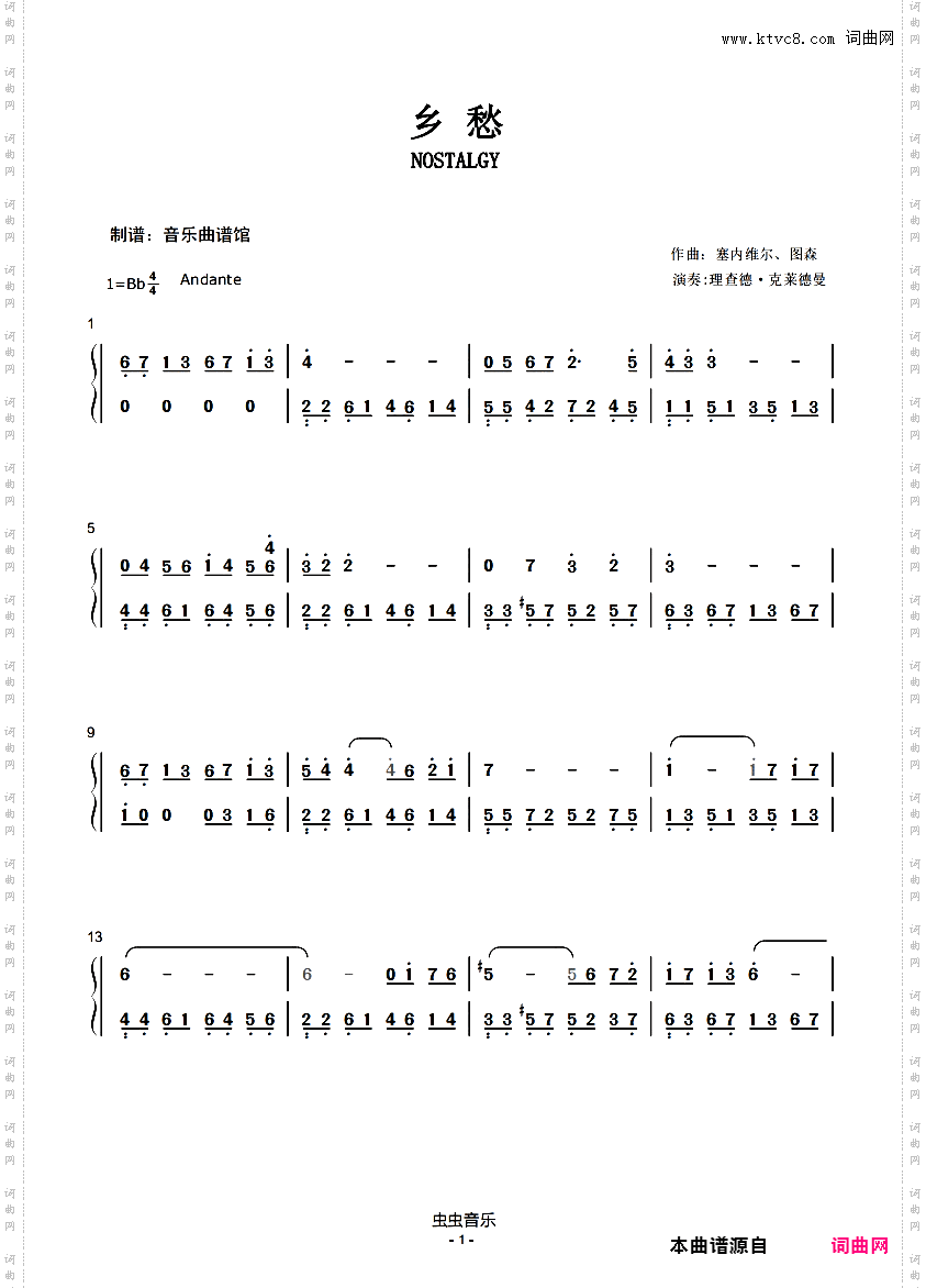 乡愁-【简谱】-理查德·克莱德曼思乡曲 NOSTALGY 理查德克莱德曼
