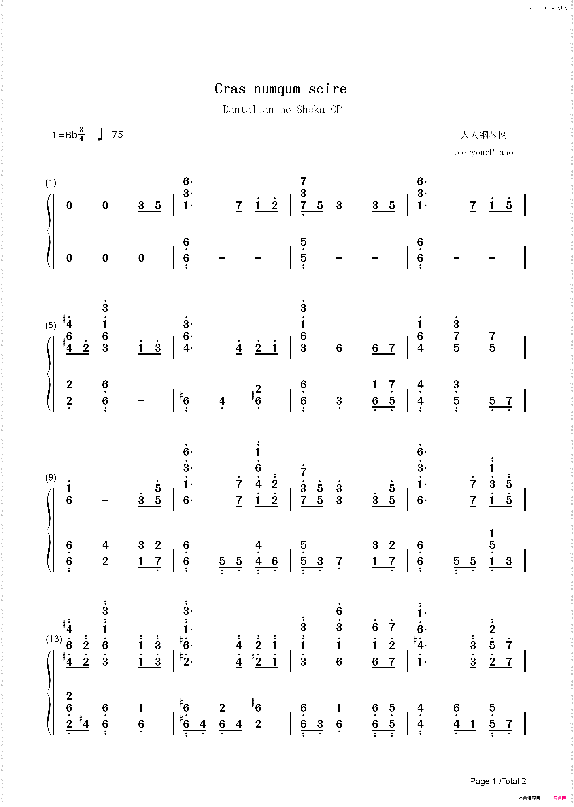 Cras Numquam Scire-《丹特丽安的书架》片头曲_简谱版