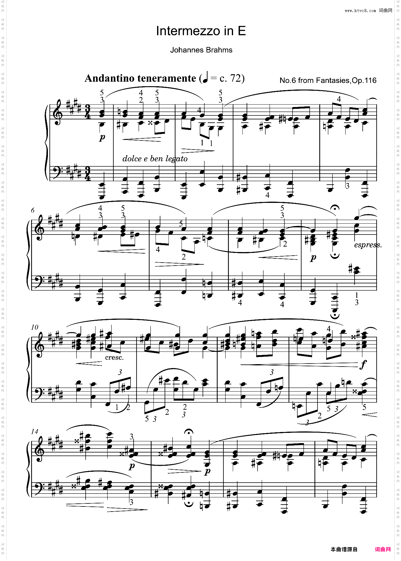 E大调间奏曲 Op·116带指法，勃拉姆斯