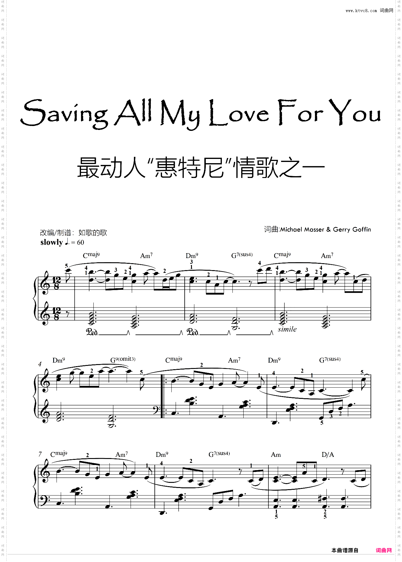 Saving All My Love For You易弹C调惠特尼冠军单曲钢琴独奏指法&功能