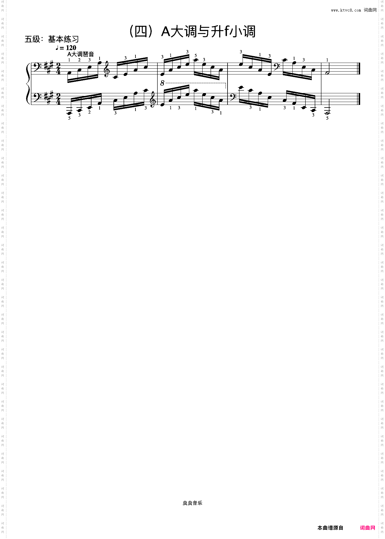 5级 A大调琶音《音协钢琴考级曲目 1-5级》
