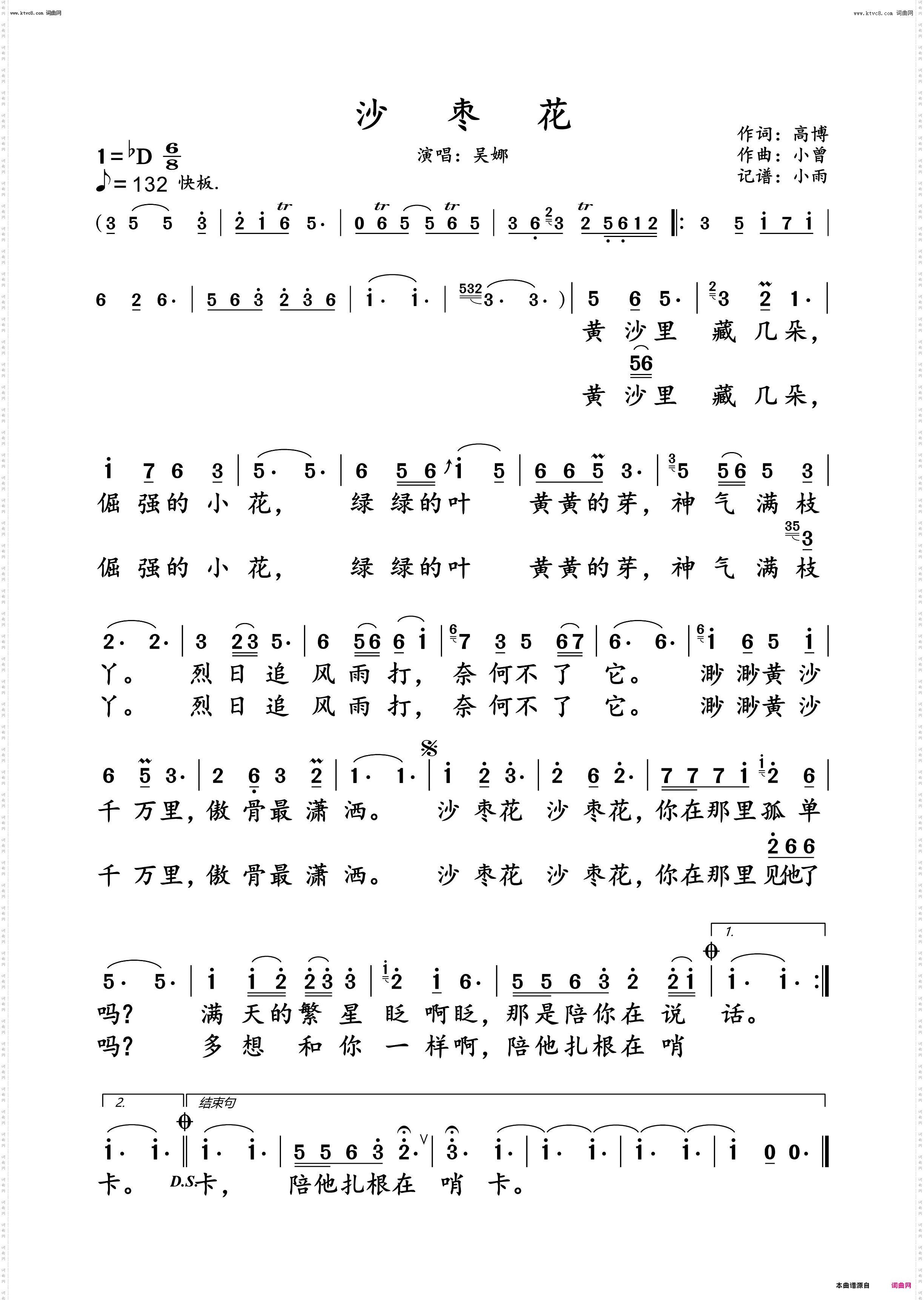 沙枣花_吴娜 演唱谱