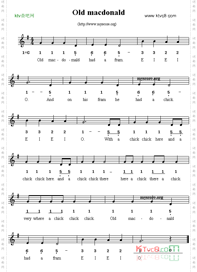 Oldmacdonald线简谱混排版、英文儿歌