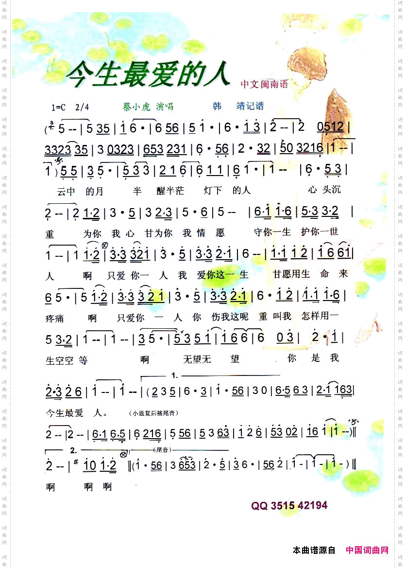 今生最爱的人中文闽南语【彩谱】