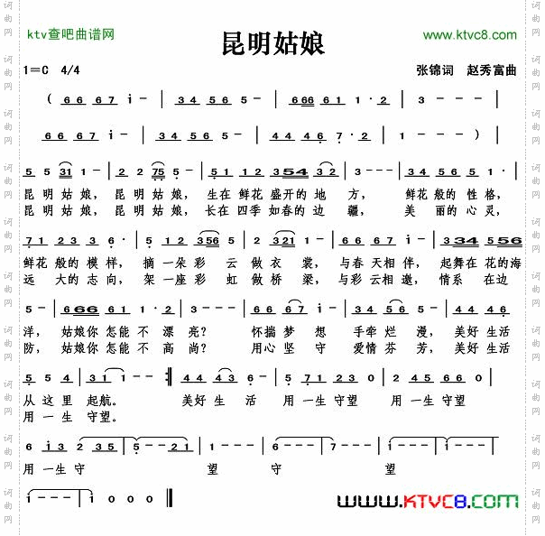 昆明姑娘（张锦词）简谱