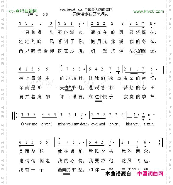 一只鹅漫步蓝色湖边