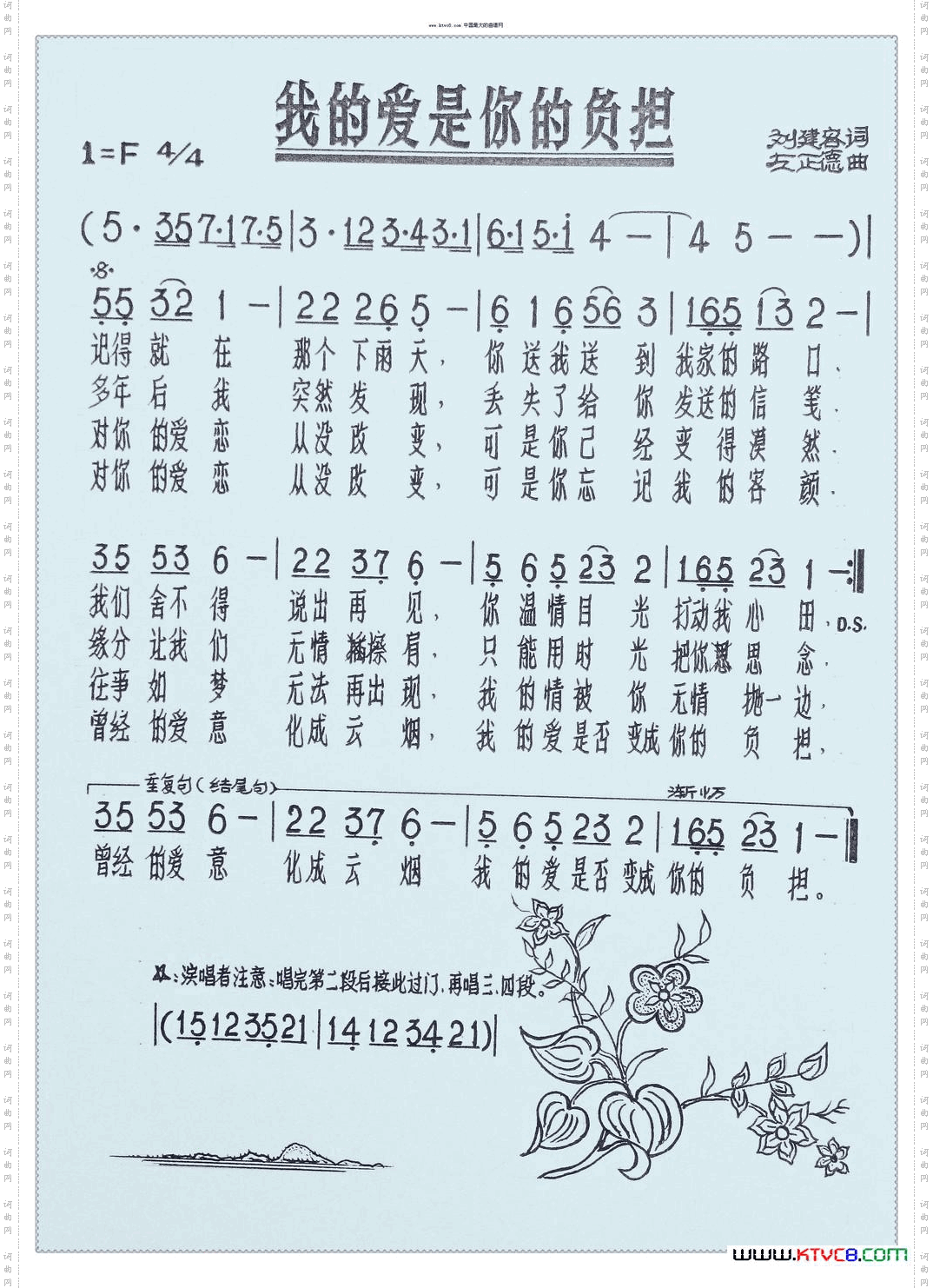 抄歌谱彩谱版--《我的爱是你的负担》刘建容原唱和作词左正德作曲