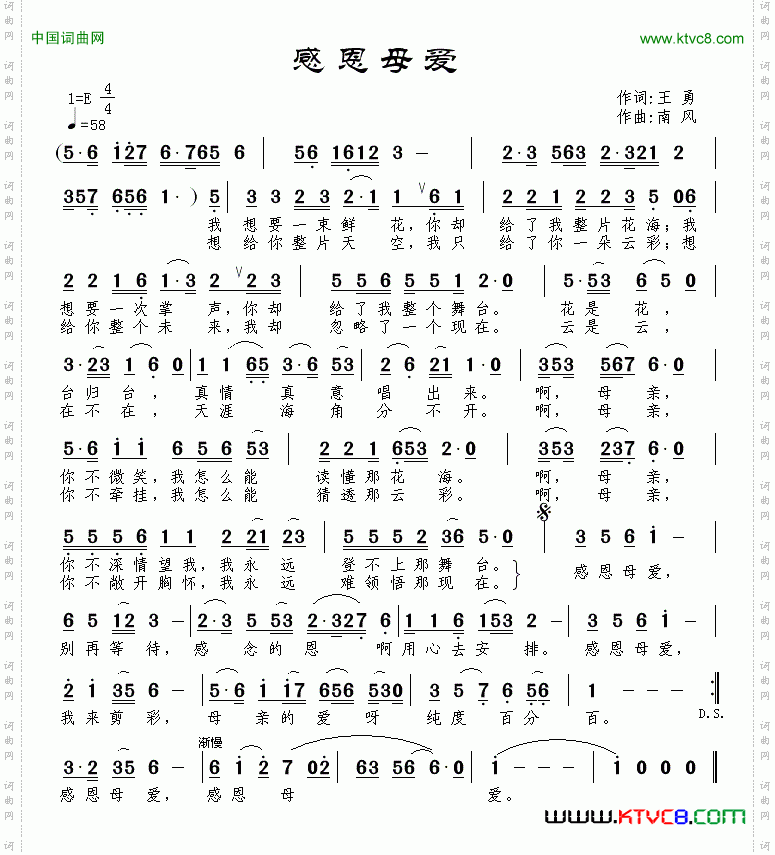 感恩母爱王勇词南风曲_感恩母爱王勇词 南风曲