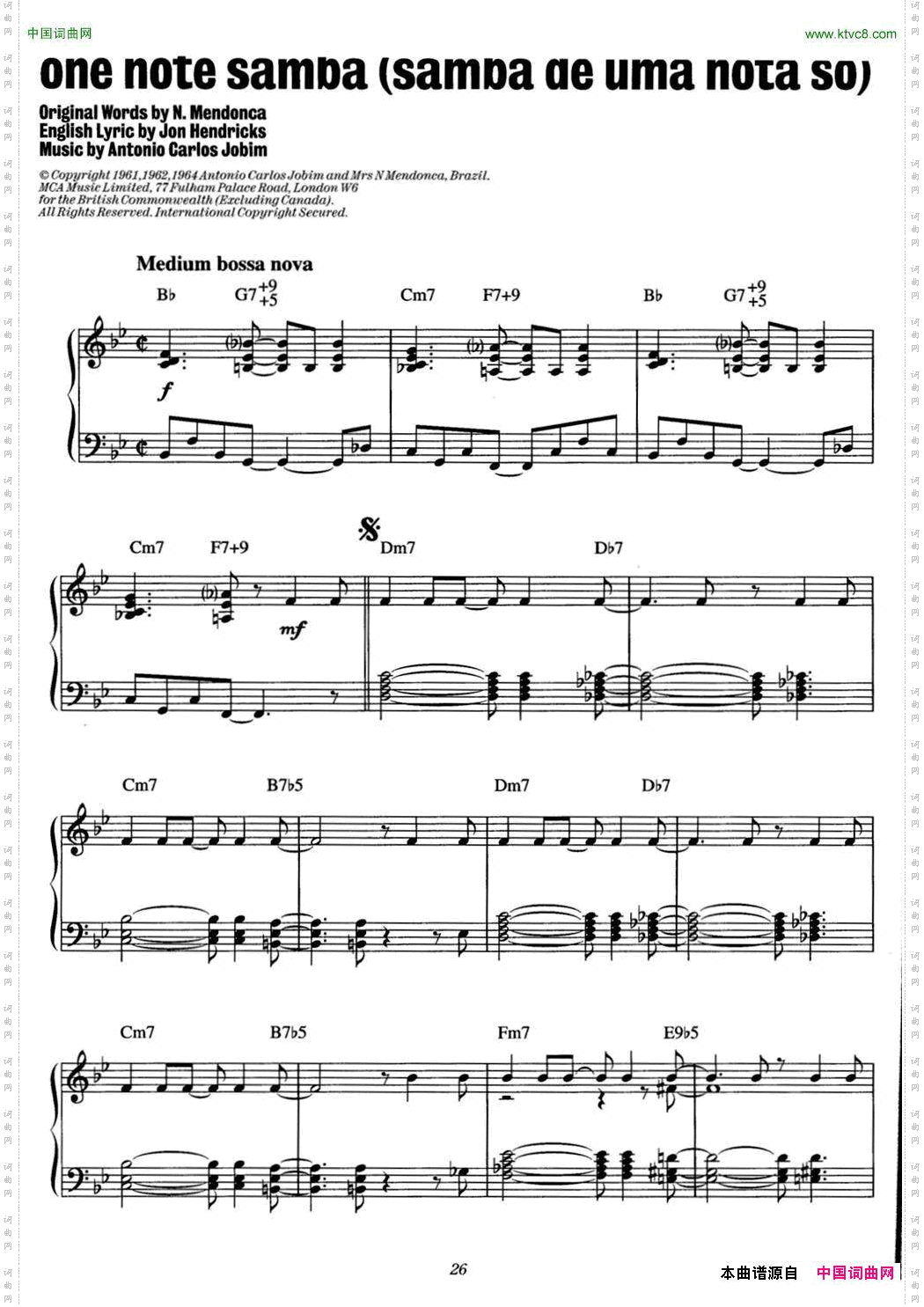 OneNoteSambasambadeumanotaso爵士钢琴酒吧独奏钢琴谱_One Note Sambasamba de uma nota so爵士钢琴酒吧独奏钢琴谱