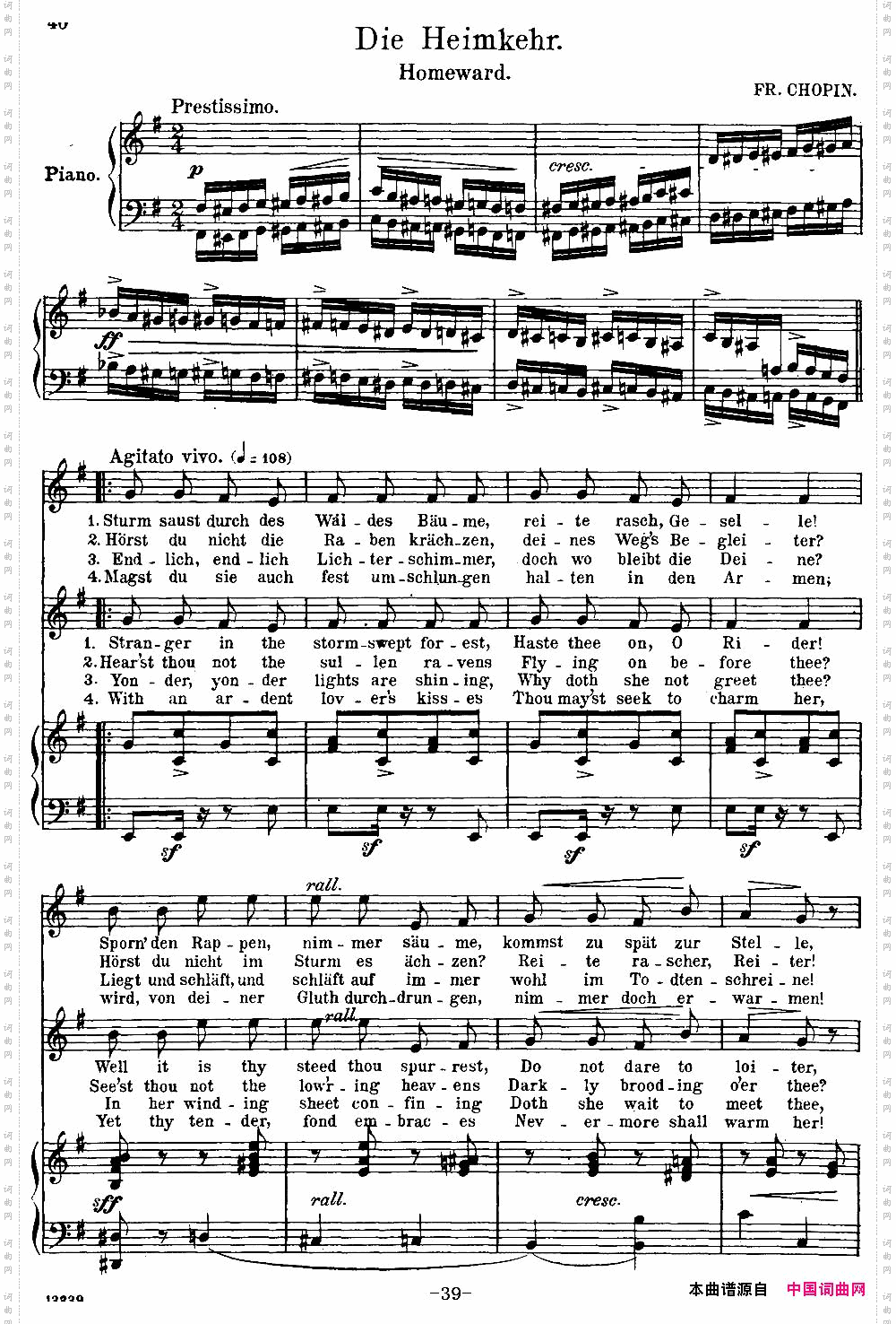 Chopin-17 Polish Songs Op·74，No·15 Die Heinmkehr·Homeward·钢琴伴奏谱