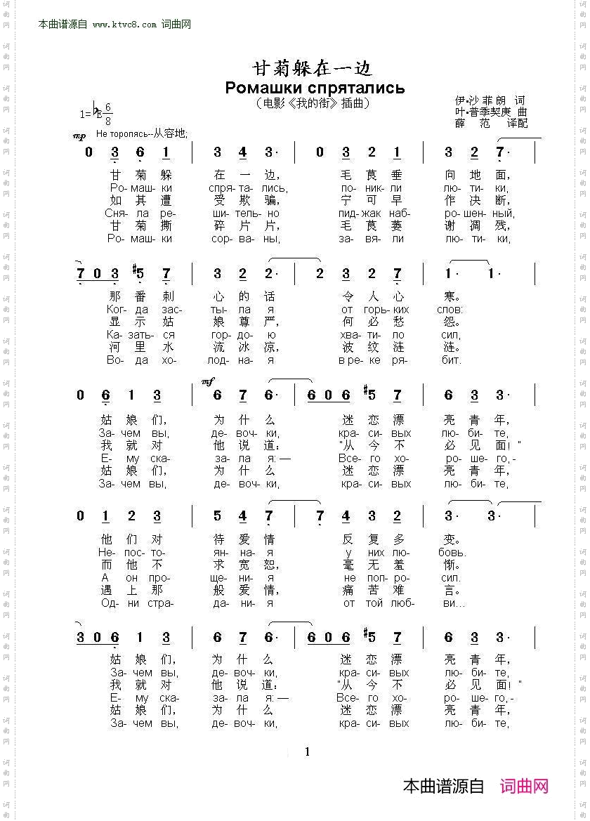 甘菊躲在一边_Ромашки спрятались 中俄简谱 