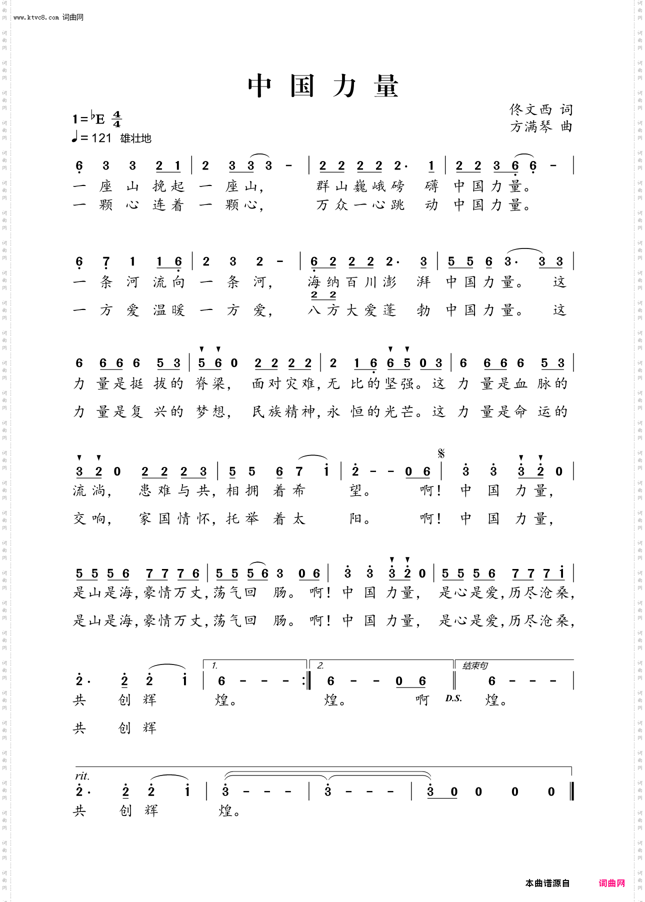 《《中国力量》》简谱 佟文西作词 方满琴作曲  第1页