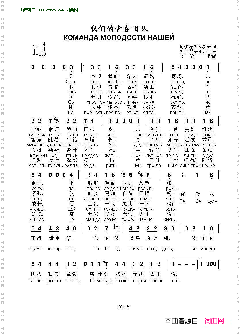 我们的青春团队_КОМАНДА МОЛОДОСТИ НАШЕЙ 中俄简谱 