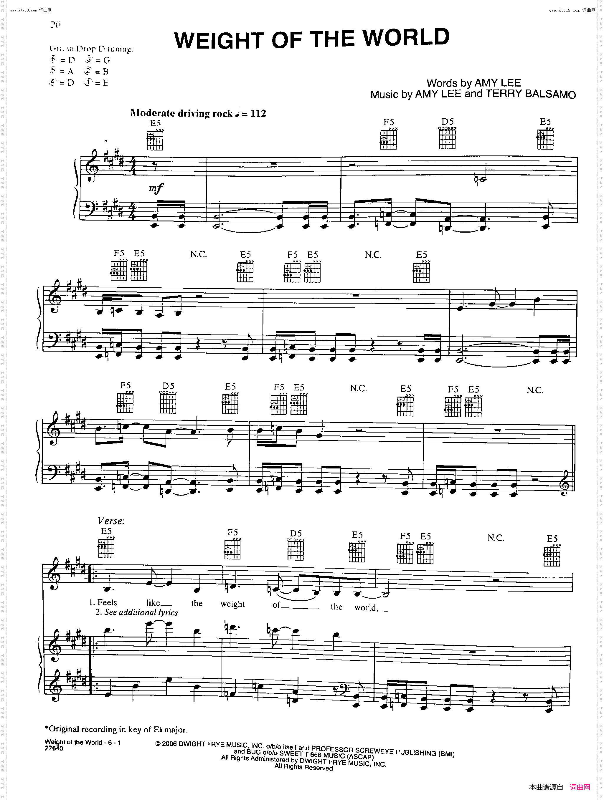 Weight Of The World_歌曲 人声吉他钢琴谱