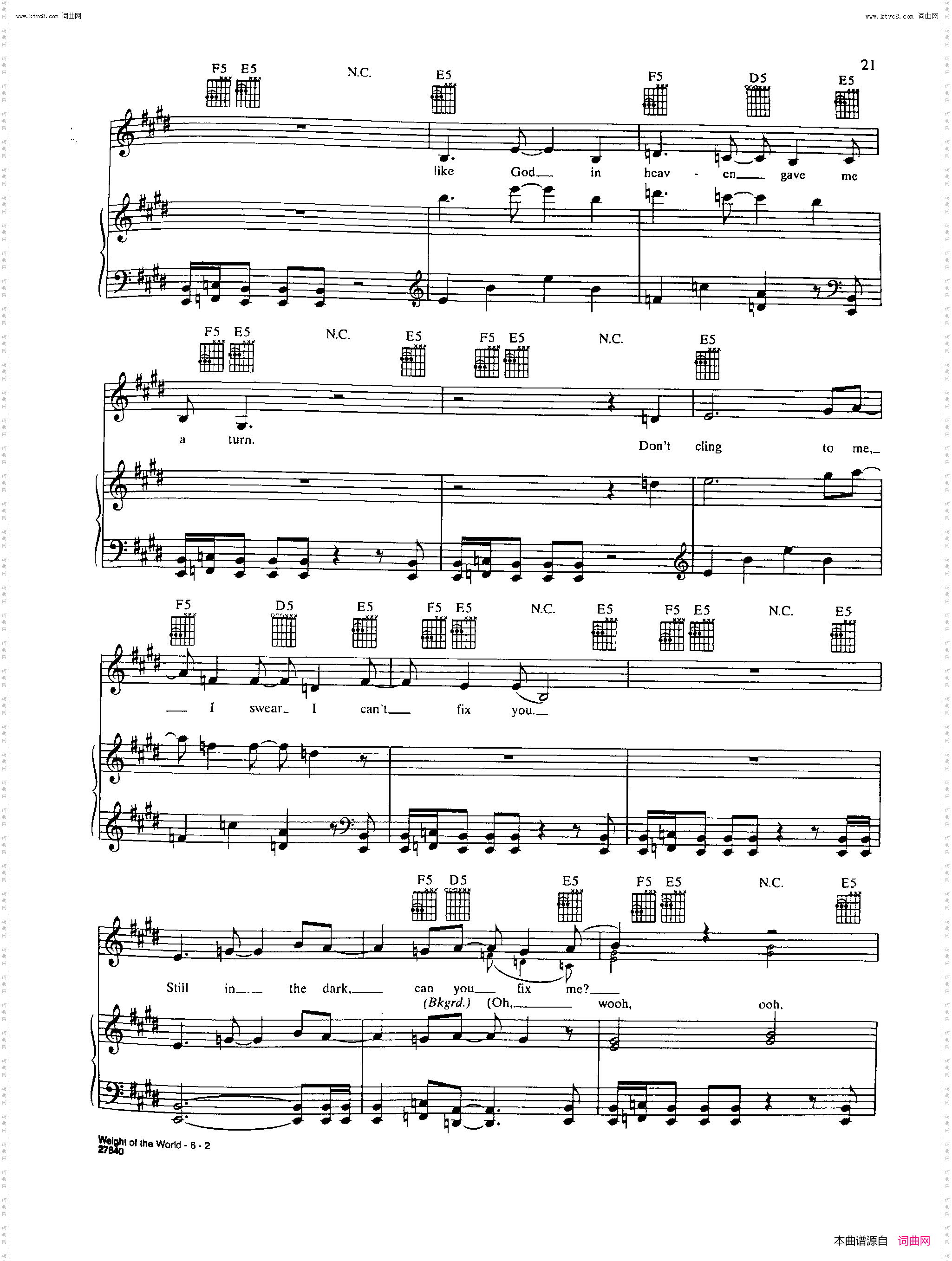 Weight Of The World_歌曲 人声吉他钢琴谱