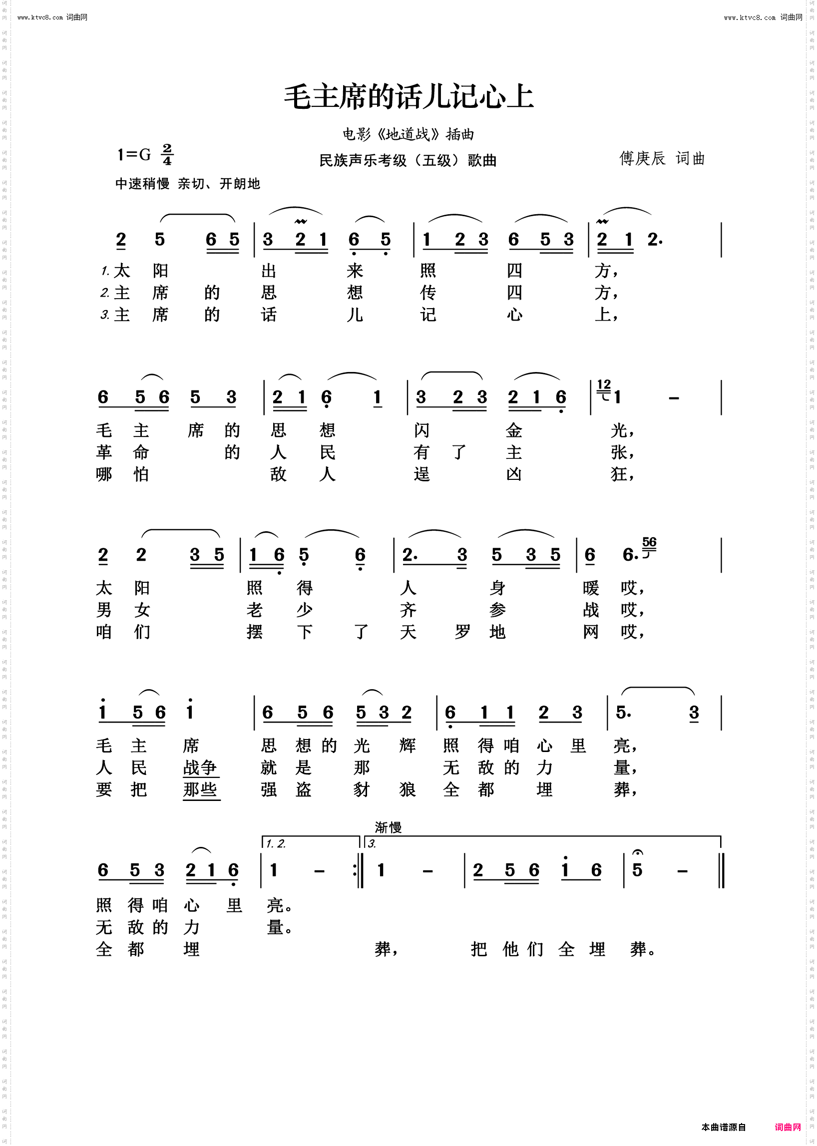 毛主席的话儿记心上_电影《地道战》插曲 民族声乐考级五级歌曲