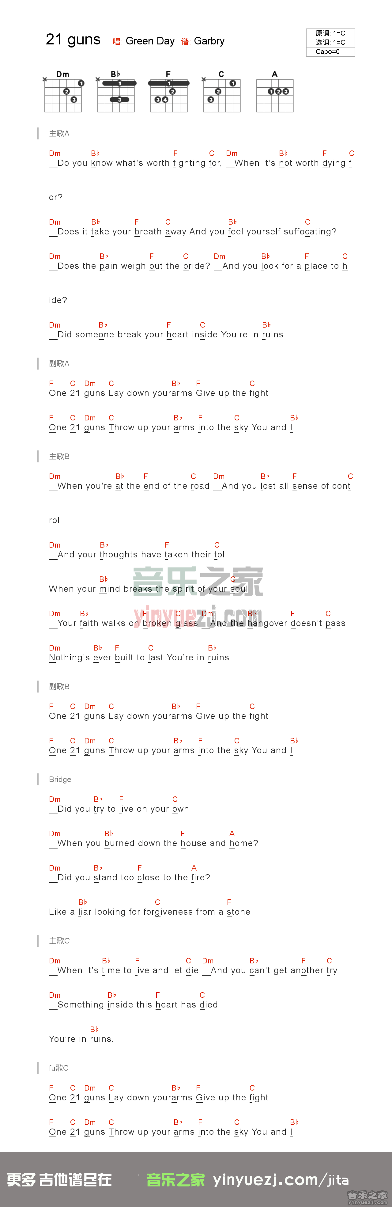 Green_Day_21_guns吉他六线谱C调_音乐之家弹唱伴奏六线谱