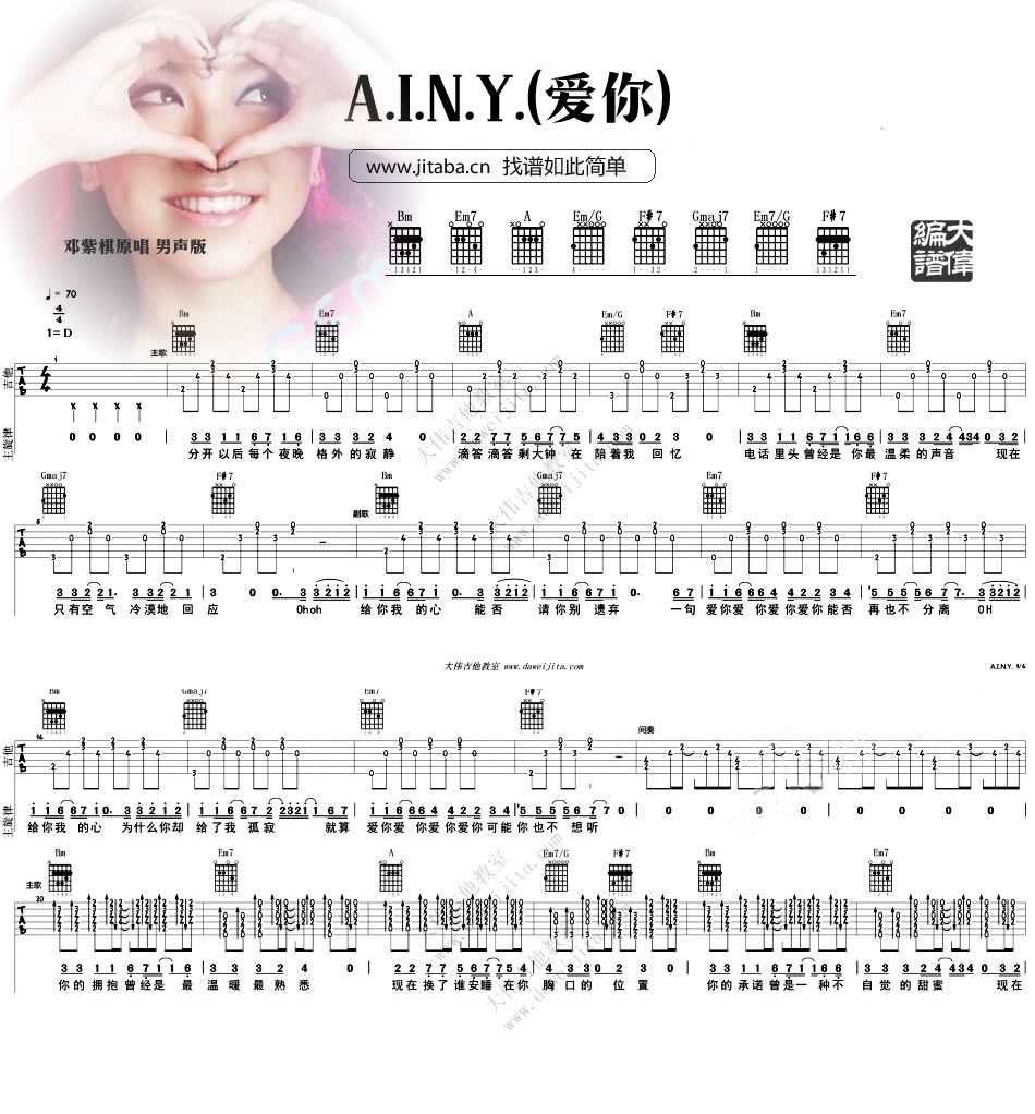 邓紫棋_AINY爱你吉他六线谱D调_大伟吉他教室弹唱伴奏六线谱