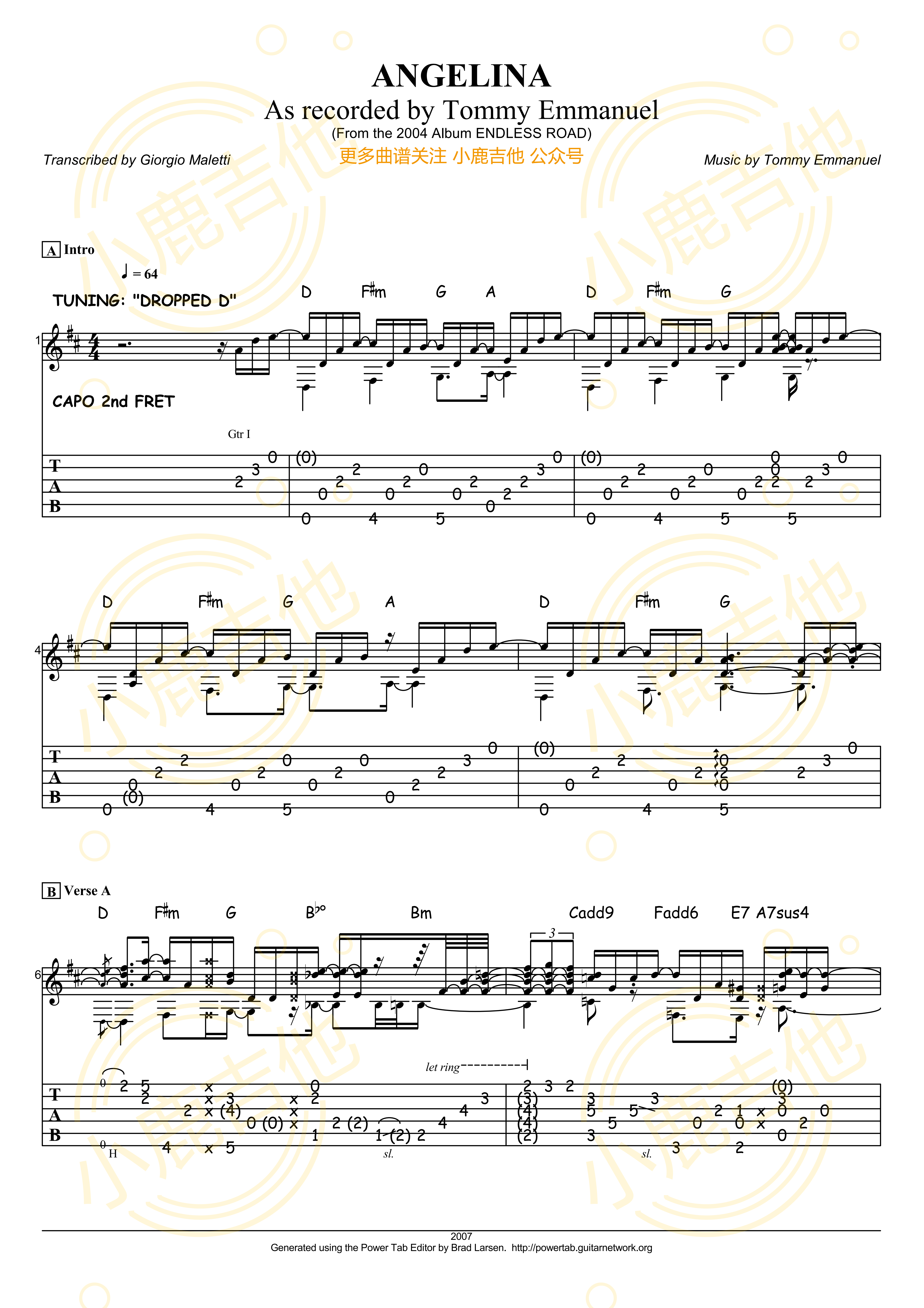 Tommy_Emmanuel_-_Angelina拇指弹拨吉他六线谱_小鹿吉他制谱