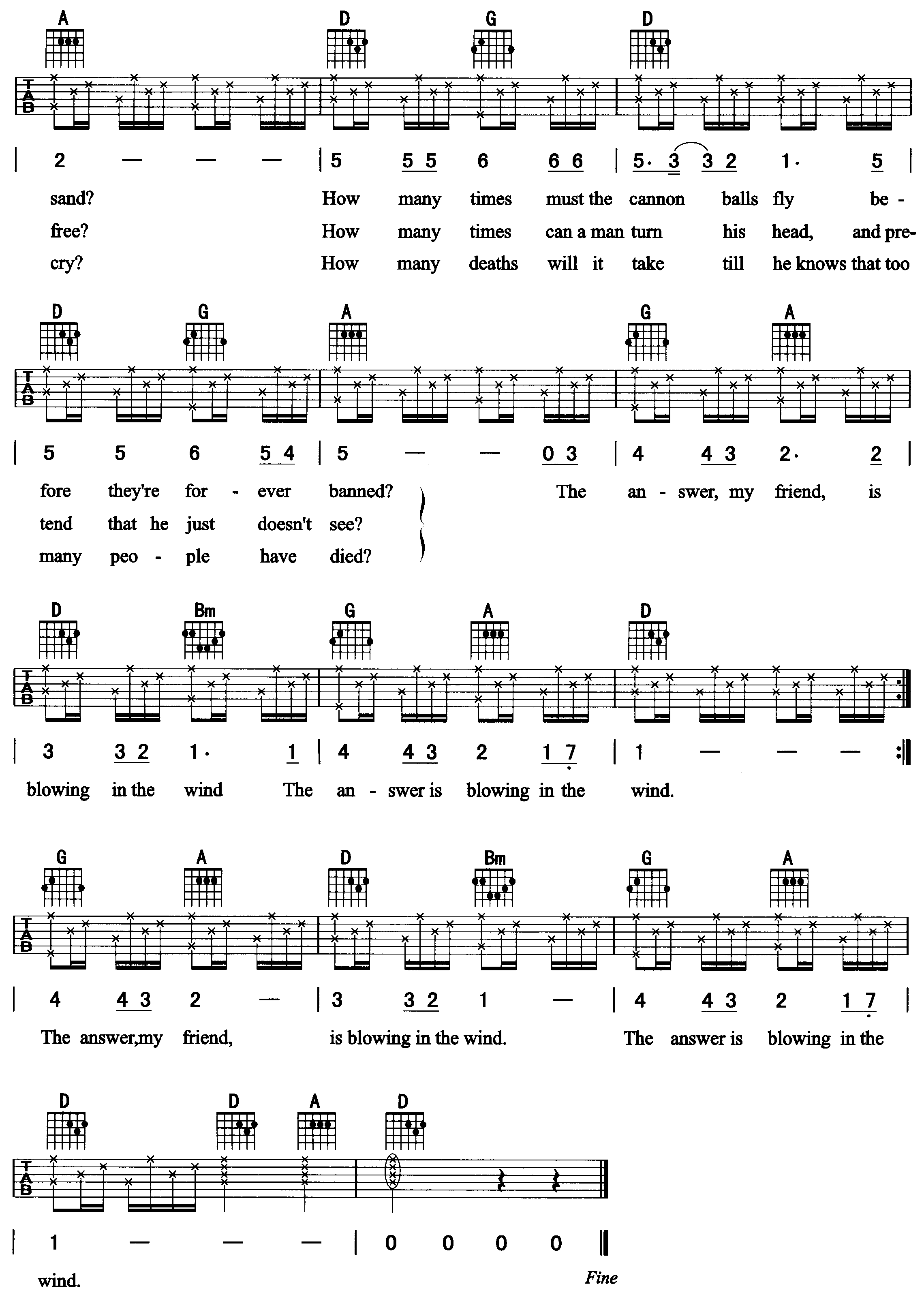 Bob_Dylan_Blowing_In_The_Wind吉他六线谱D调_弹唱伴奏六线谱
