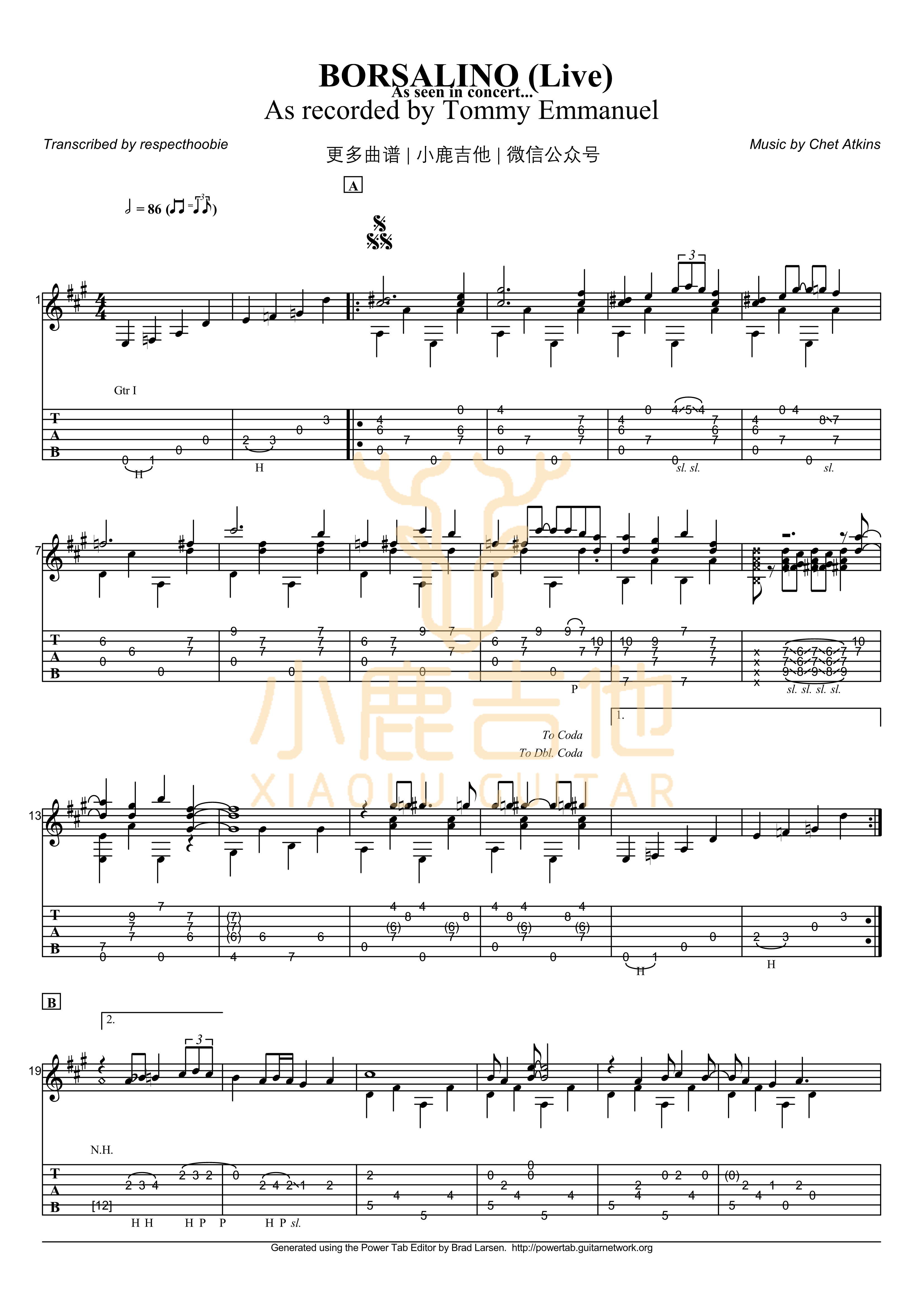 Tommy_Emmanuel_-_Borsalino_live拇指弹拨吉他六线谱_小鹿吉他制谱