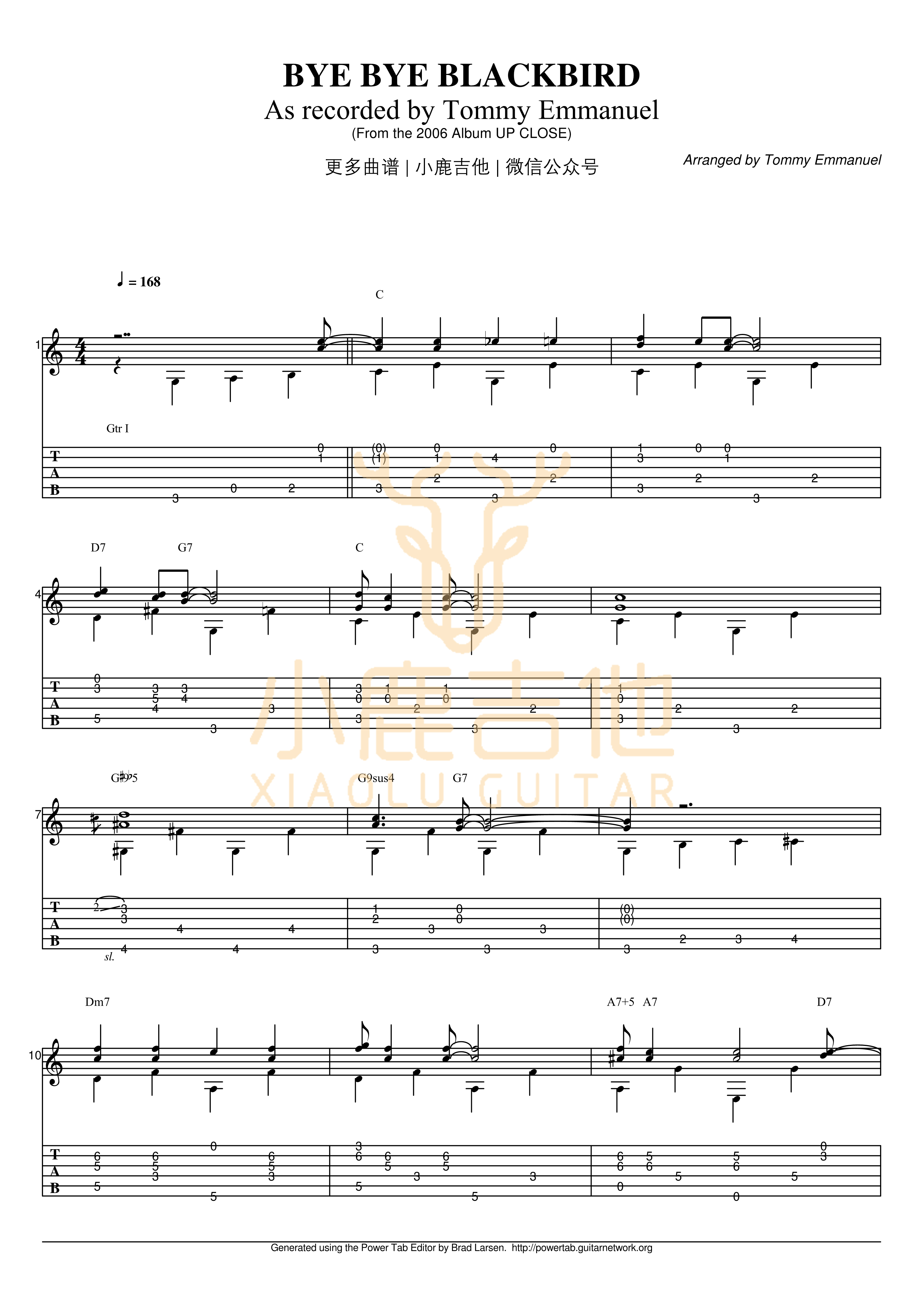 Tommy_Emmanuel_-_Bye_Bye_Blackbird拇指弹拨吉他六线谱_小鹿吉他制谱