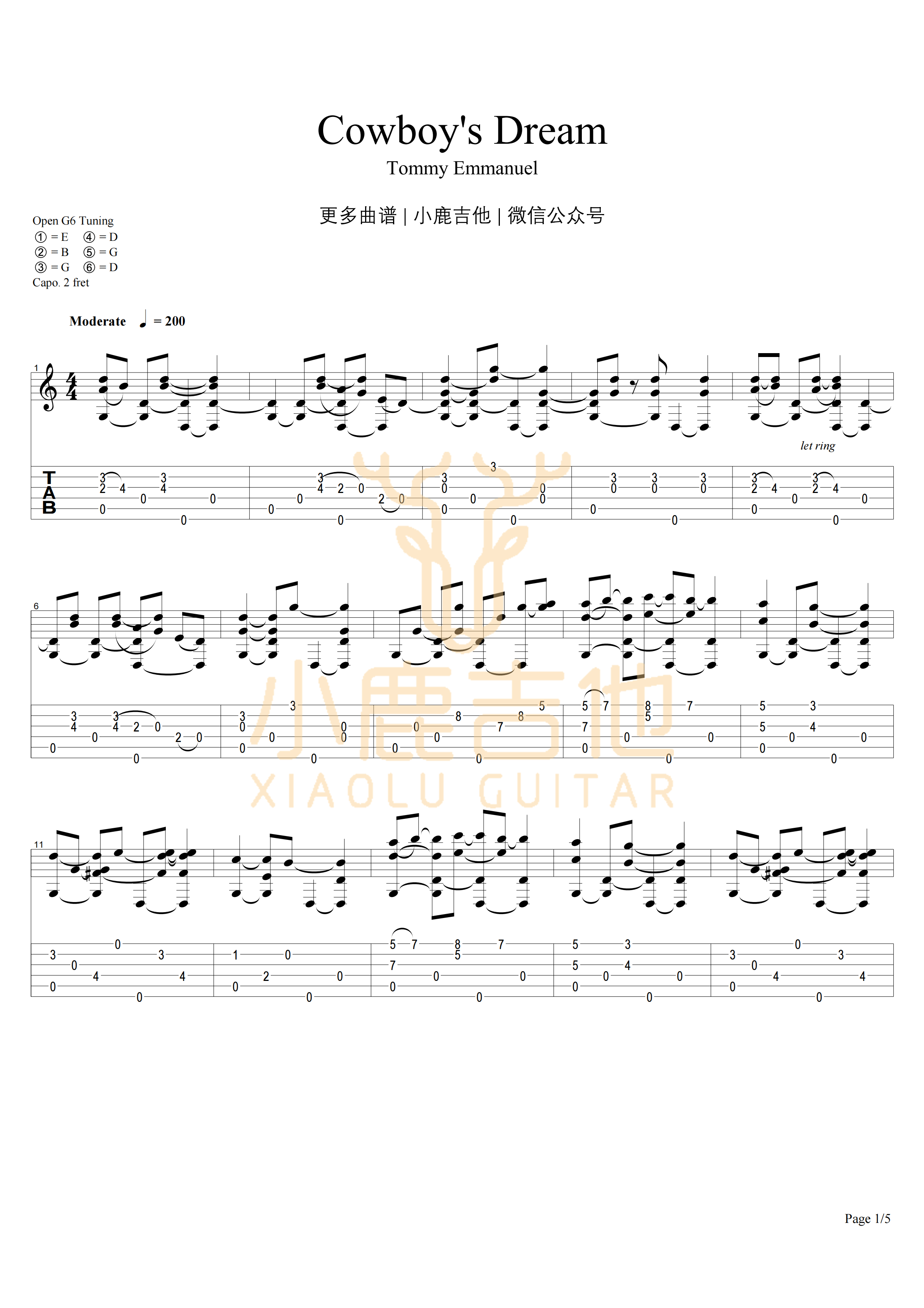 Tommy_Emmanuel_-_COWBOYS_DREAM拇指弹拨吉他六线谱_小鹿吉他制谱