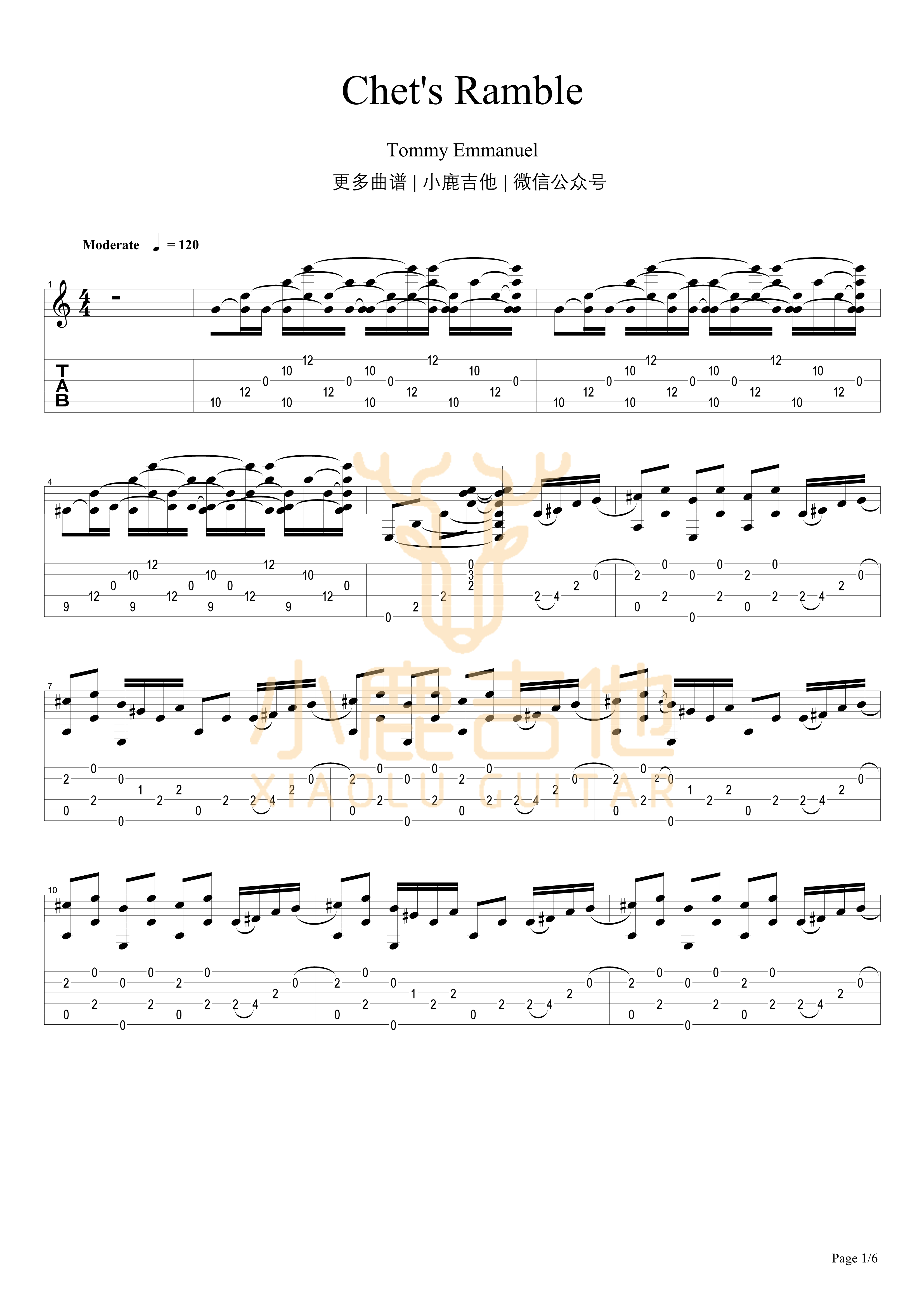 Tommy_Emmanuel_-_Chets_Ramble拇指弹拨吉他六线谱_小鹿吉他制谱