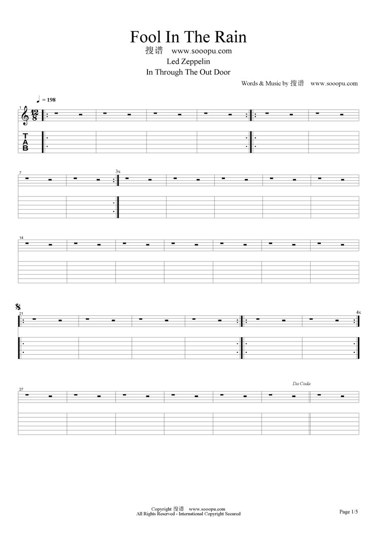 Led_Zeppelin_Fool_In_The_Rain独奏谱_原调六线谱简单版