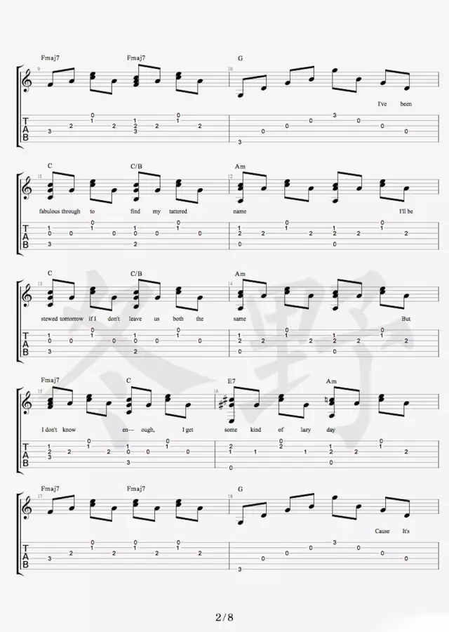 Daniel_Powter_Free_Loop吉他六线谱原调_冬野吉他弹唱伴奏六线谱