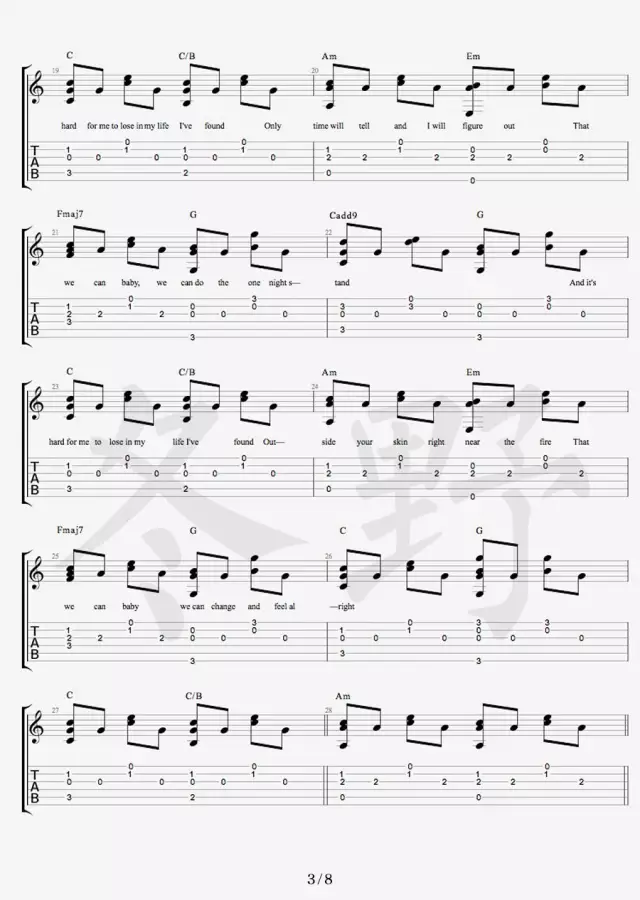 Daniel_Powter_Free_Loop吉他六线谱原调_冬野吉他弹唱伴奏六线谱
